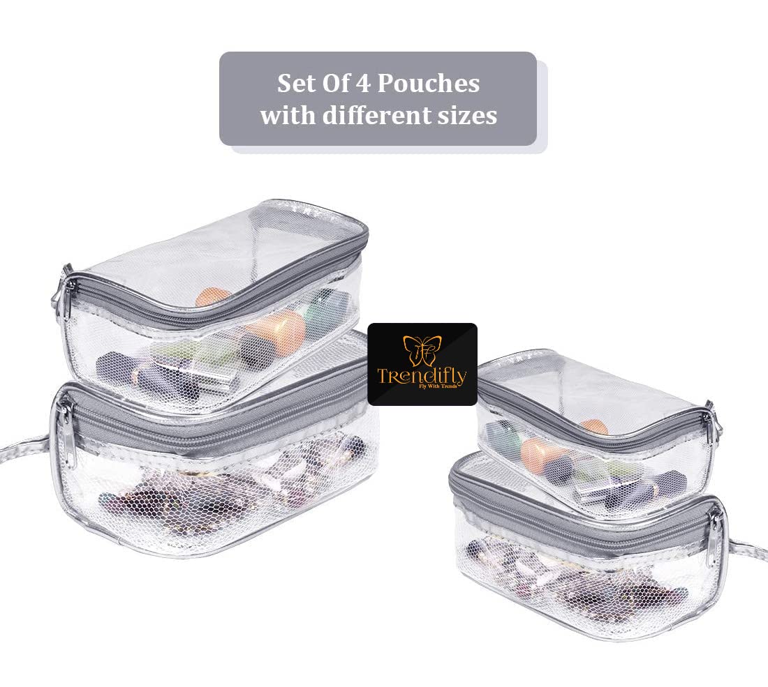 Trendifly 4-Piece Clear Waterproof Travel Cosmetic Organizer Set - Nylon Makeup Pouch & Jewelry Storage Bag for Women (Grey Transparent) | TSA Approved Carry-On Toiletry Bag for Airplane, Gym, Beach & College | Perfect for Organizing Skincare, Makeup Brushes, Hair Accessories & Daily Essentials | Great for Travel, Home Vanity & On-the-Go Organization