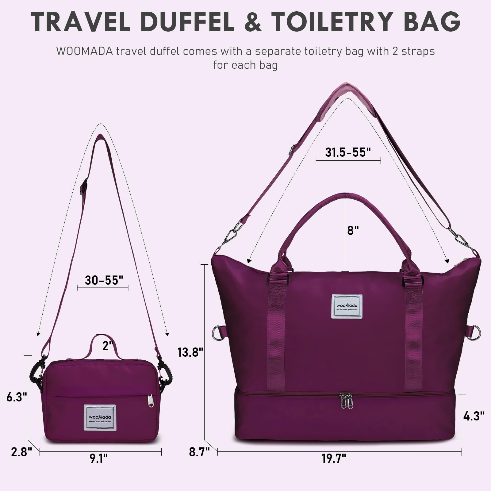 WOOMADA Women's Weekender Travel Bag with Shoe Compartment & Toiletry Pouch - Perfect Carry On Duffle for Overnight Trips, Hospital Labor Delivery & Maternity Use (Mulberry Purple)