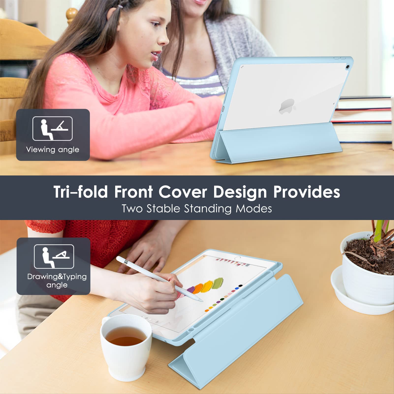 DTTO iPad 9th/8th/7th Generation 10.2 Inch Case - Slim Lightweight Smart Trifold Stand Cover with Hard PC Clear Back & Apple Pencil Holder, Ice Blue - Perfect for Work, School & Travel Protection