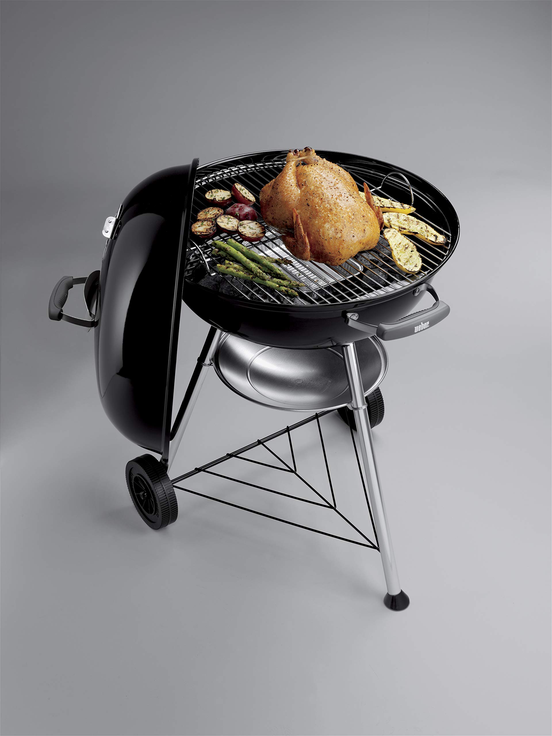 Weber Compact Kettle Charcoal Grill - 22.4 Inch (57cm) Porcelain-Enameled BBQ Grill with Tripod Stand & Wheels, Chrome-Plated Cooking Grate - Perfect for Backyard, Camping & Tailgating (Model 1321004) - Black