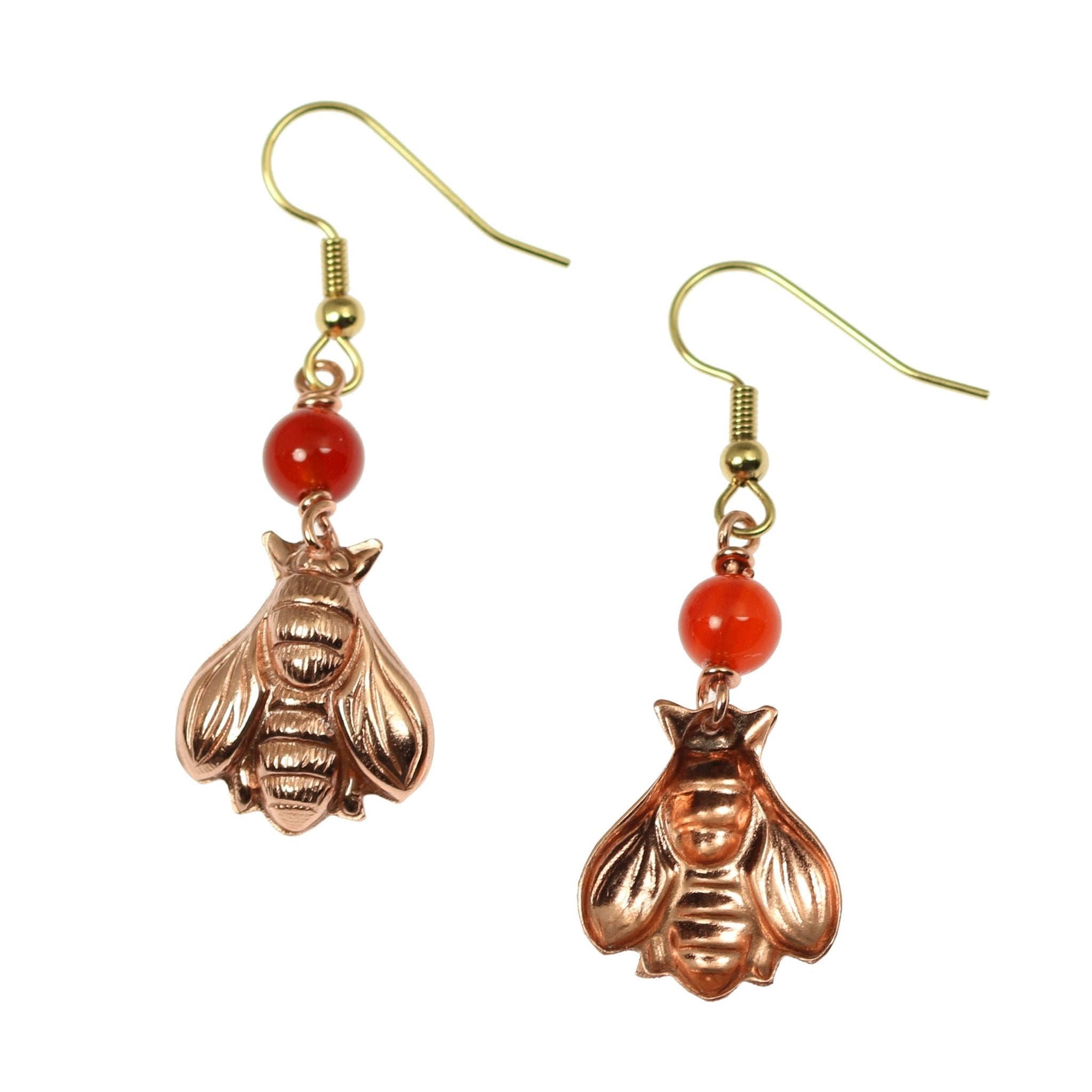 Handmade Copper Honey Bee Drop Earrings with Natural Carnelian Gemstone | Boho Jewelry for Women | Perfect for Festivals, Weddings & Everyday Wear