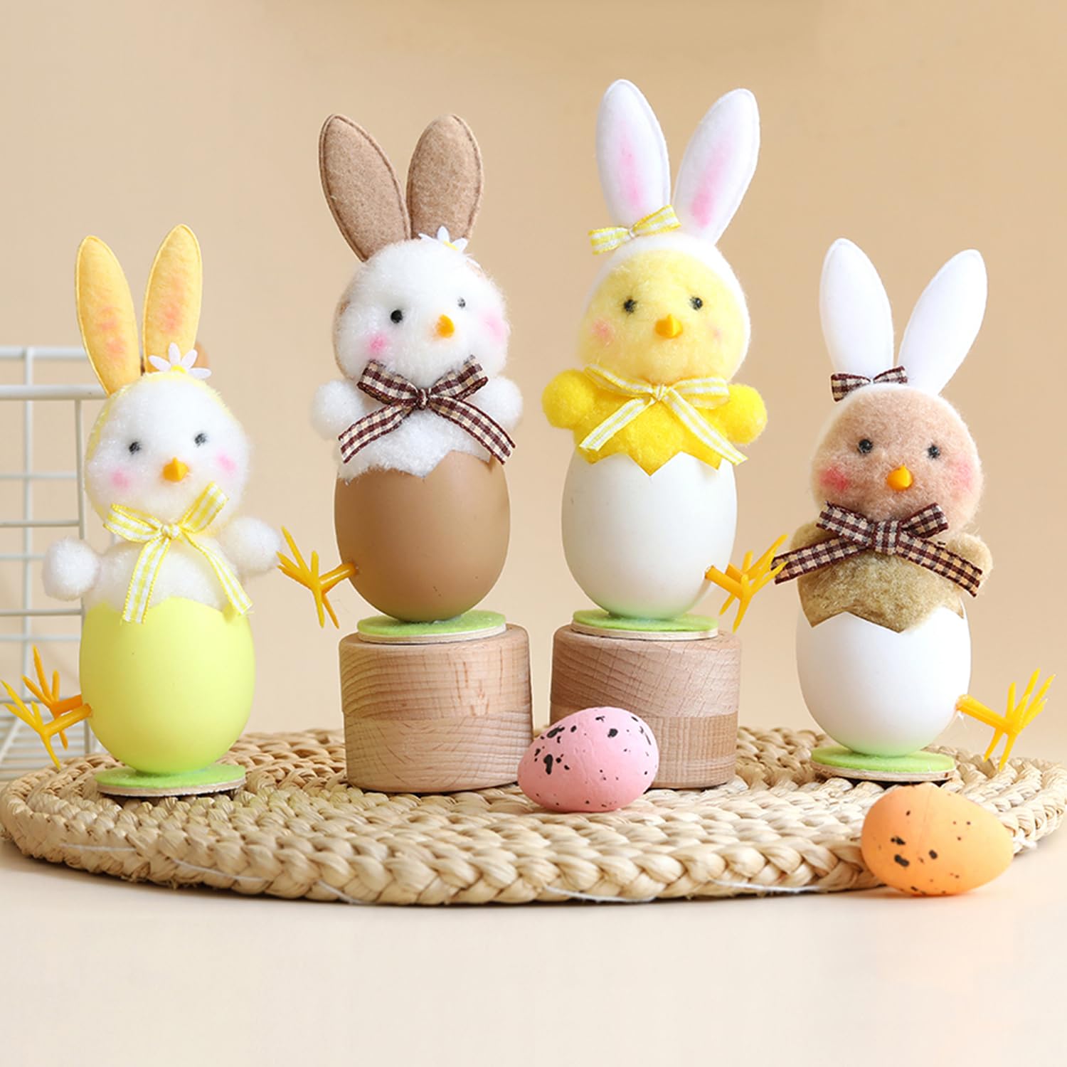 4-Pack Cute Plush Easter Chick Figurines with Bunny Ears - Spring Home Decor, Farm Chicken Theme Party Supplies for Easter Celebrations, Egg Hunts & Seasonal Table Centerpieces