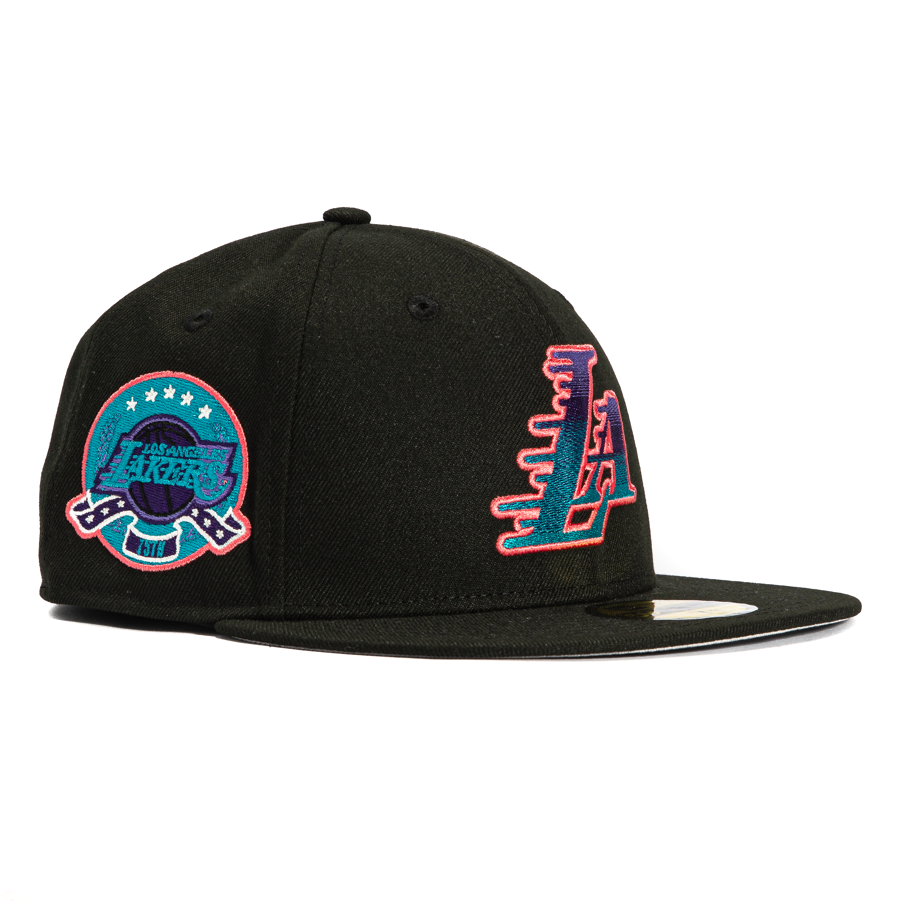 New Era 59Fifty Los Angeles Lakers 75th Anniversary Patch LA Motion Gradient Snapback Hat - Black, Magenta, Teal - Perfect for NBA Games, Sports Events & Streetwear Fashion