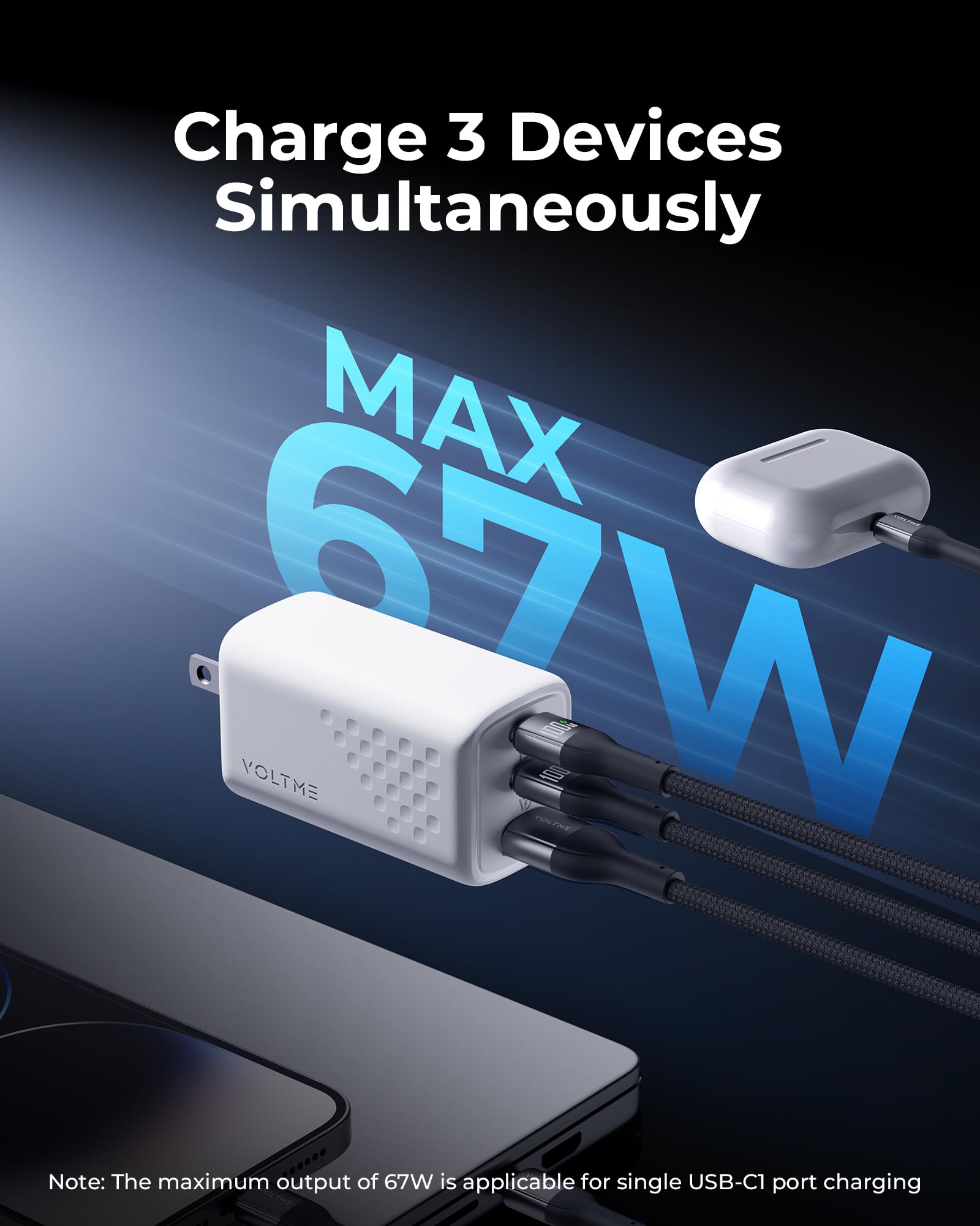 VOLTME 67W USB C Wall Charger, 3-Port GaN Fast Charger Block with PD - Compatible with MacBook Pro/Air, iPad Pro, iPhone 16/15/14, Galaxy S24/S23, Dell XPS 13, Pixel - Compact & Foldable Design (White) - Perfect for Travel, Home & Office Use