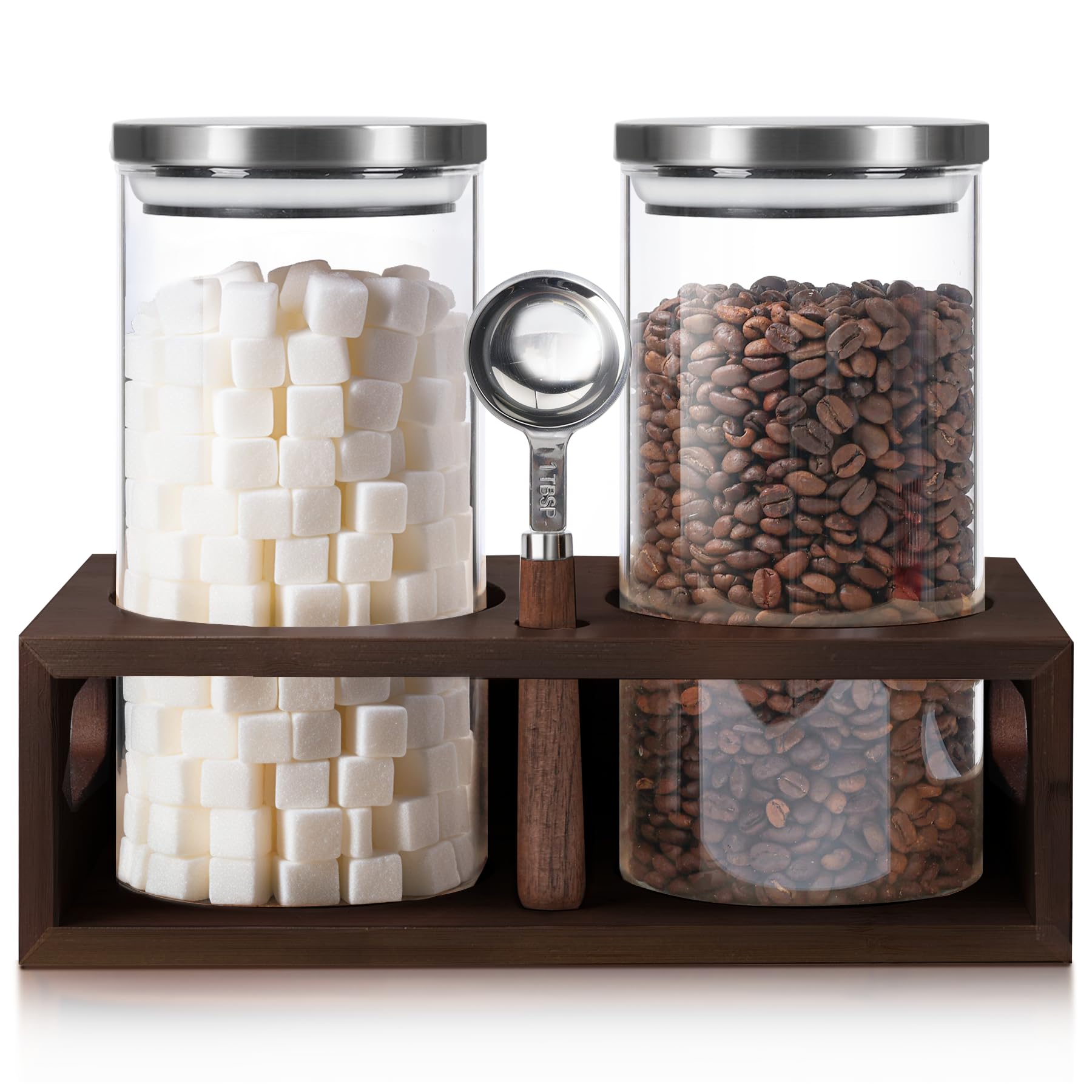 ComSaf 44oz Airtight Coffee Storage Canister with Stainless Steel Lid - 2 Pack Glass Coffee Containers for Ground Coffee & Beans, Includes Metal Scoop & Shelf - Perfect for Coffee Bars, Kitchens & Pantry Organization