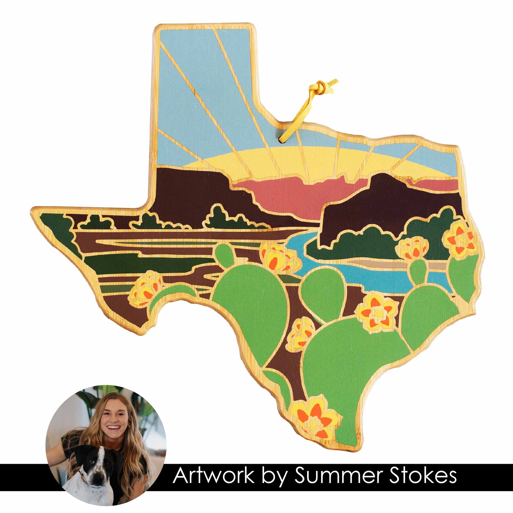 Handcrafted Texas-Shaped Wooden Cutting Board with Summer Stokes Artwork - Perfect for Kitchen Decor, Gift Giving & Serving Charcuterie