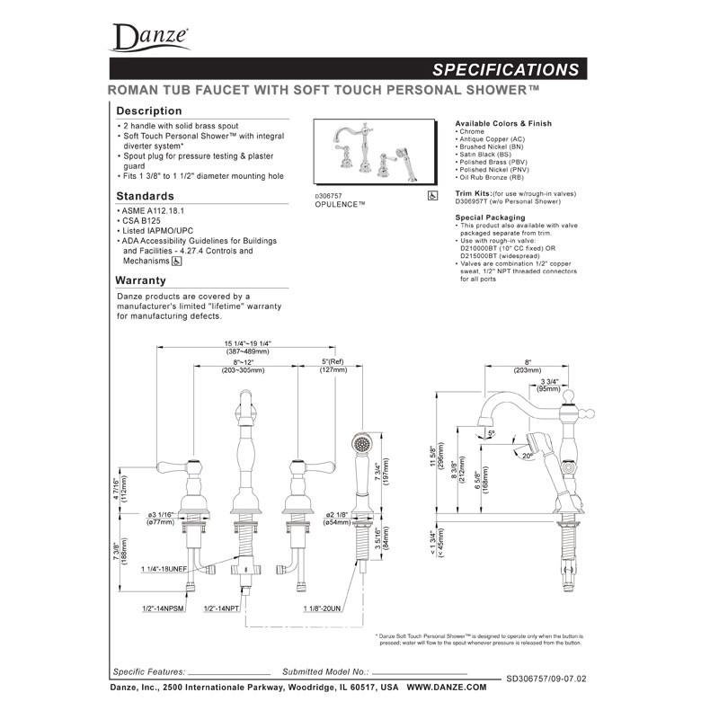 Danze Opulence Brushed Nickel Traditional Widespread Roman Tub Filler Faucet with Rough-in Valve - Luxury Bathroom Fixture for Spa-Like Soaking Experience