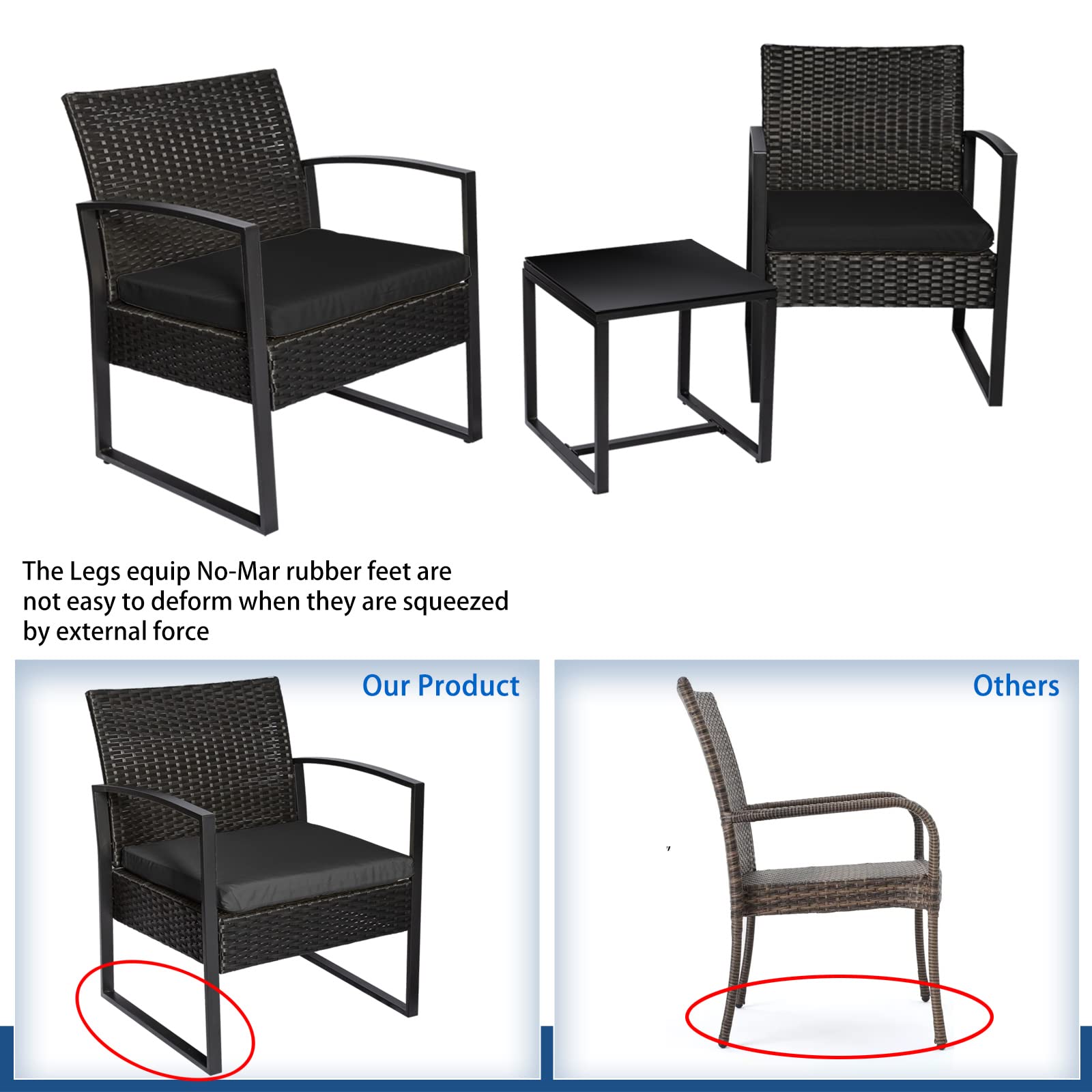 3-Piece PE Rattan Outdoor Patio Furniture Set - Modern Wicker Bistro Table & Chairs with Black Cushions for Front Porch, Balcony, Garden - Perfect for Small Spaces, Coffee Breaks & Relaxing Outdoors