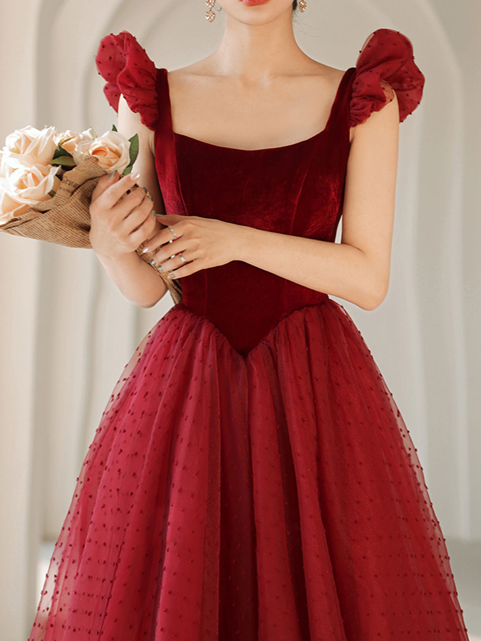 Elegant Burgundy A-Line Tea Length Prom Dress with Velvet - Perfect for Homecoming, Formal Dances & Special Occasions