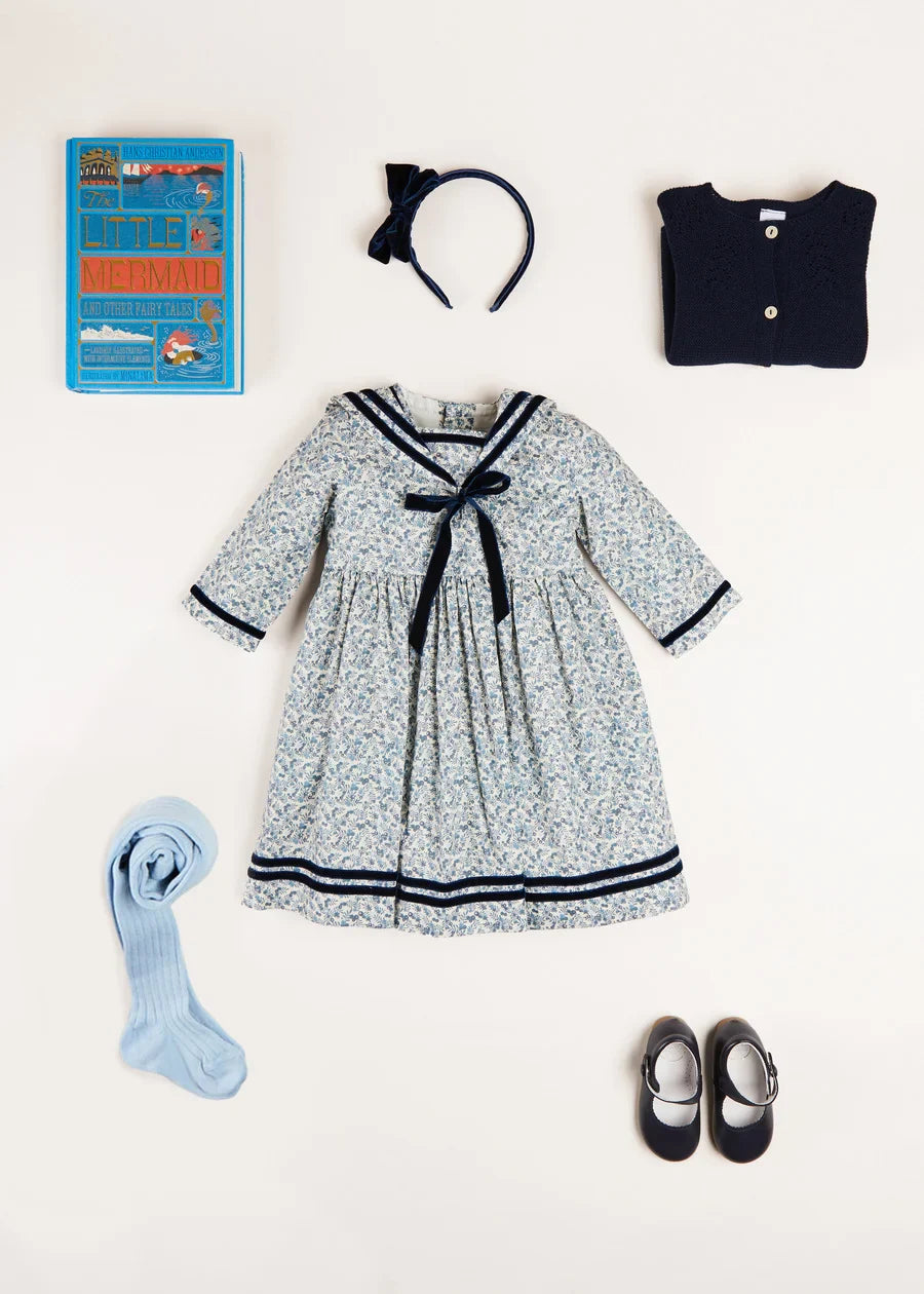 Blue Floral Evelyn Mariner Dress for Baby Girls - Cute Summer Outfit for Beach, Party & Photoshoots