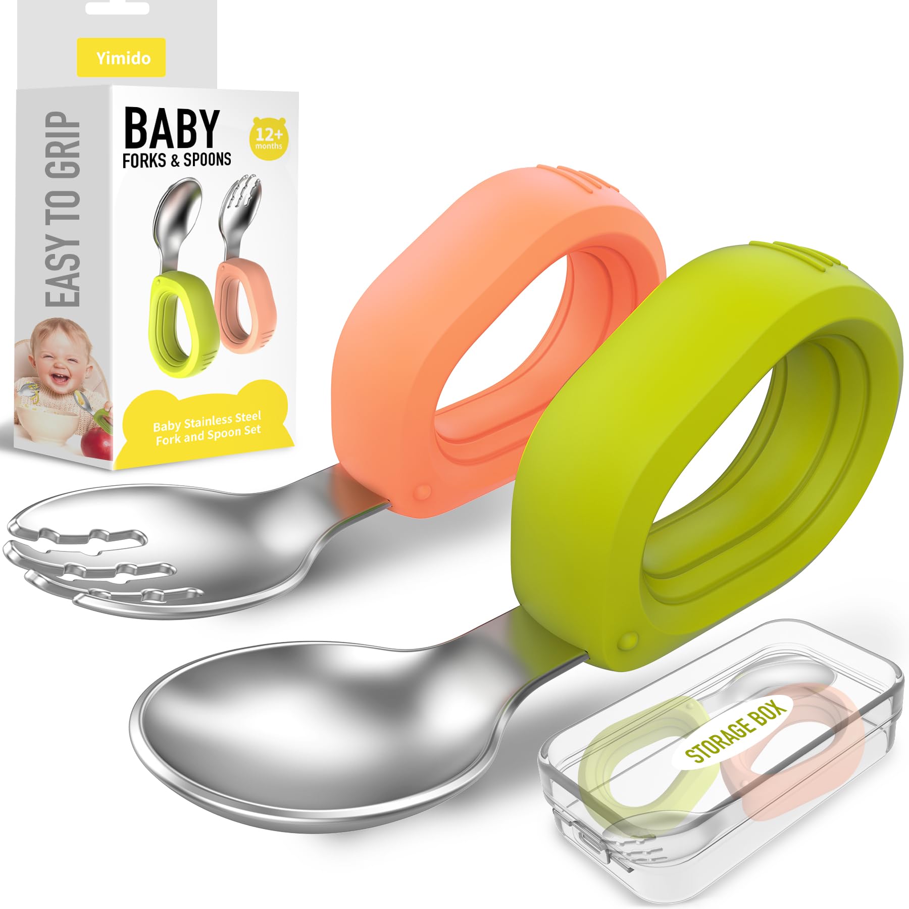 Stainless Steel Toddler Utensil Set - 4-Piece Baby Forks & Spoons for Self Feeding | BPA-Free, Dishwasher Safe | Perfect for Toddler Mealtime, Daycare & Travel (Orange + Green)