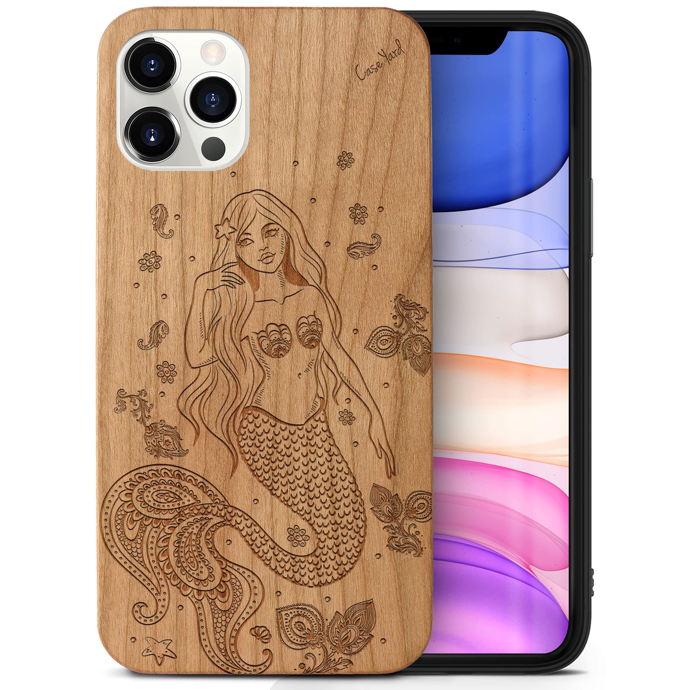 CaseYard Wooden Phone Case for iPhone 11 Pro - Laser Engraved Mermaid Design Cherry Wood Cover - Shockproof Slim Fit Protective Case for Men & Women - Perfect for Daily Use, Travel & Gift Giving