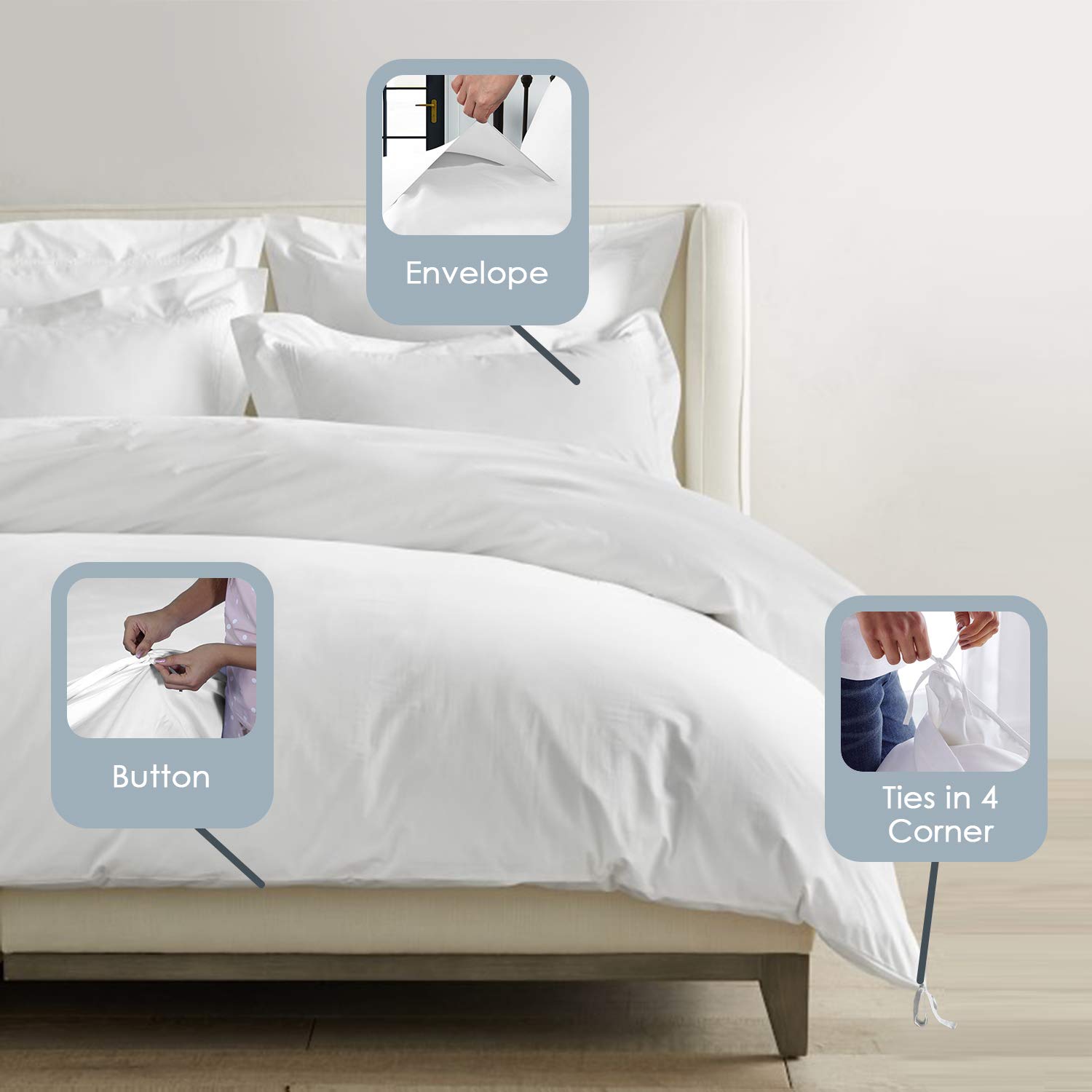 Pizuna Pure 100% Cotton King Duvet Cover Set - 1000 Thread Count Long Staple Cotton Sateen Weave with Button Closure - Ultra Soft & Breathable Combed White Duvet Cover for King Size Bed - Perfect for Luxury Bedroom, Hotel Style Comfort & All-Season Use