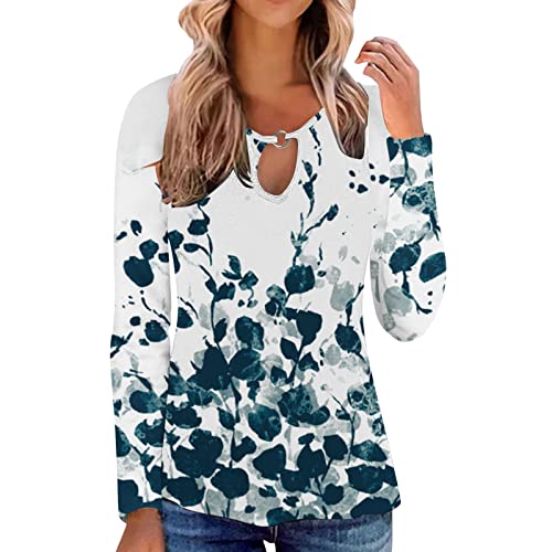 Women's White Cotton Casual Floral Print Hollow Out Crew Neck Long Sleeve T-Shirt Blouse - Breathable Summer Top for Work & Weekend Outings (White, Size L)