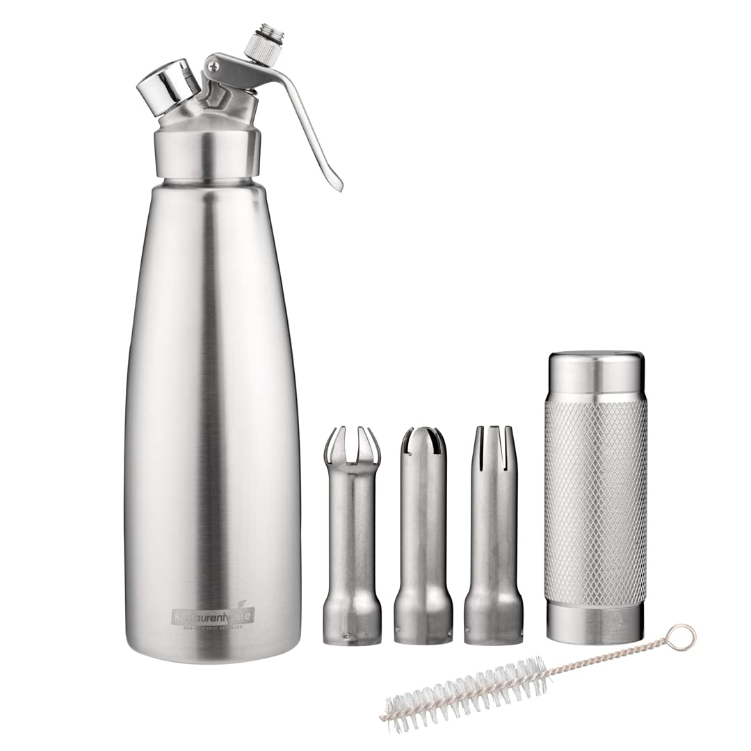 Professional Stainless Steel Whipped Cream Dispenser 1L - Restaurantware Whip Tek with 3 Decorator Tips, Durable Whipped Cream Maker (Cartridges Sold Separately) - Perfect for Coffee Shops, Bakeries, Dessert Decorating & Home Use