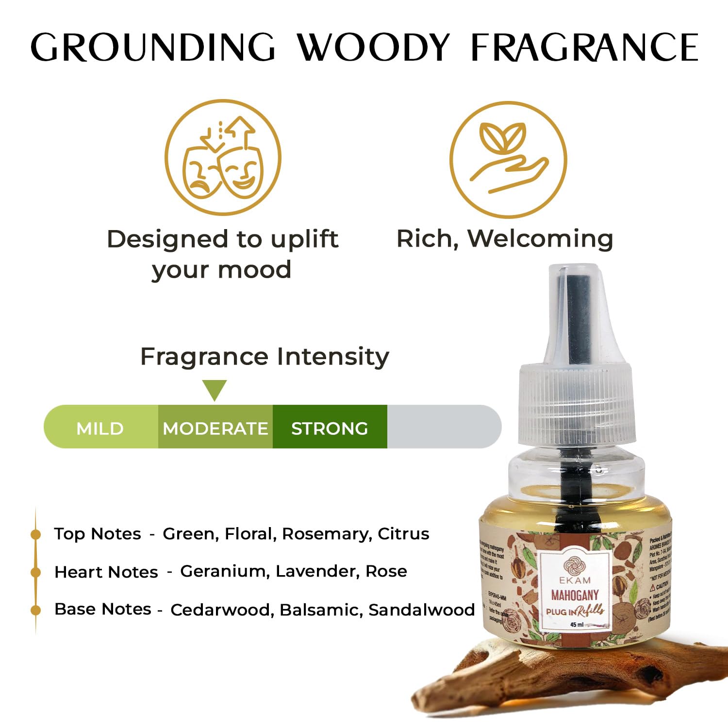 EKAM Plug In Air Freshener Refill - 45ml Mahogany Scent | Long-Lasting 500 Hours Freshness | Hassle-Free Room Odor Eliminator | Perfect for Home, Office, Bedroom, Bathroom & Car | Essential Oil-Based Liquid Air Freshener for Everyday Freshness