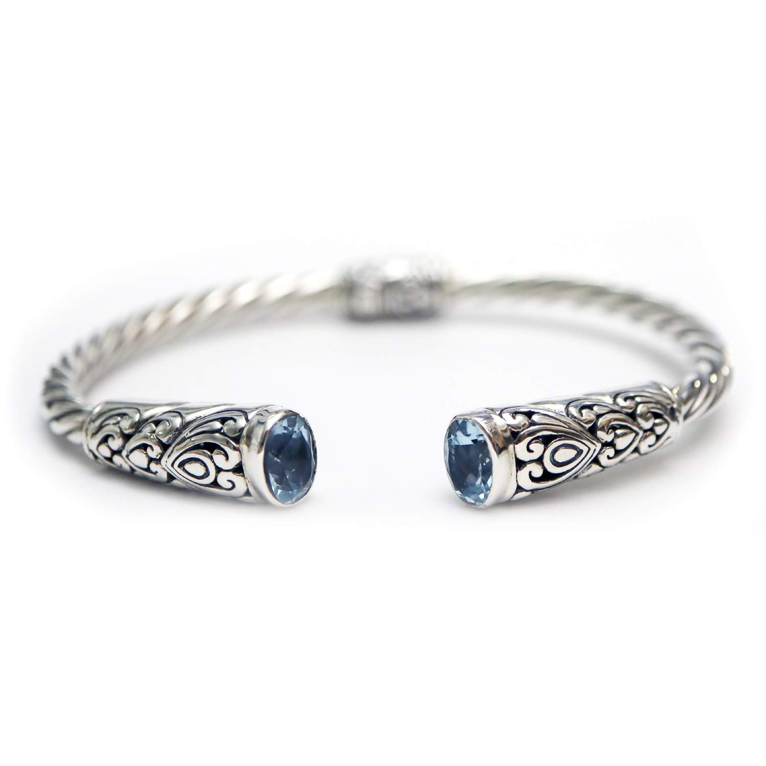 Handmade 925 Sterling Silver Blue Topaz Cuff Bali Bangle Bracelet for Women - Elegant Jewelry Gift for Birthday, Anniversary & Special Occasions