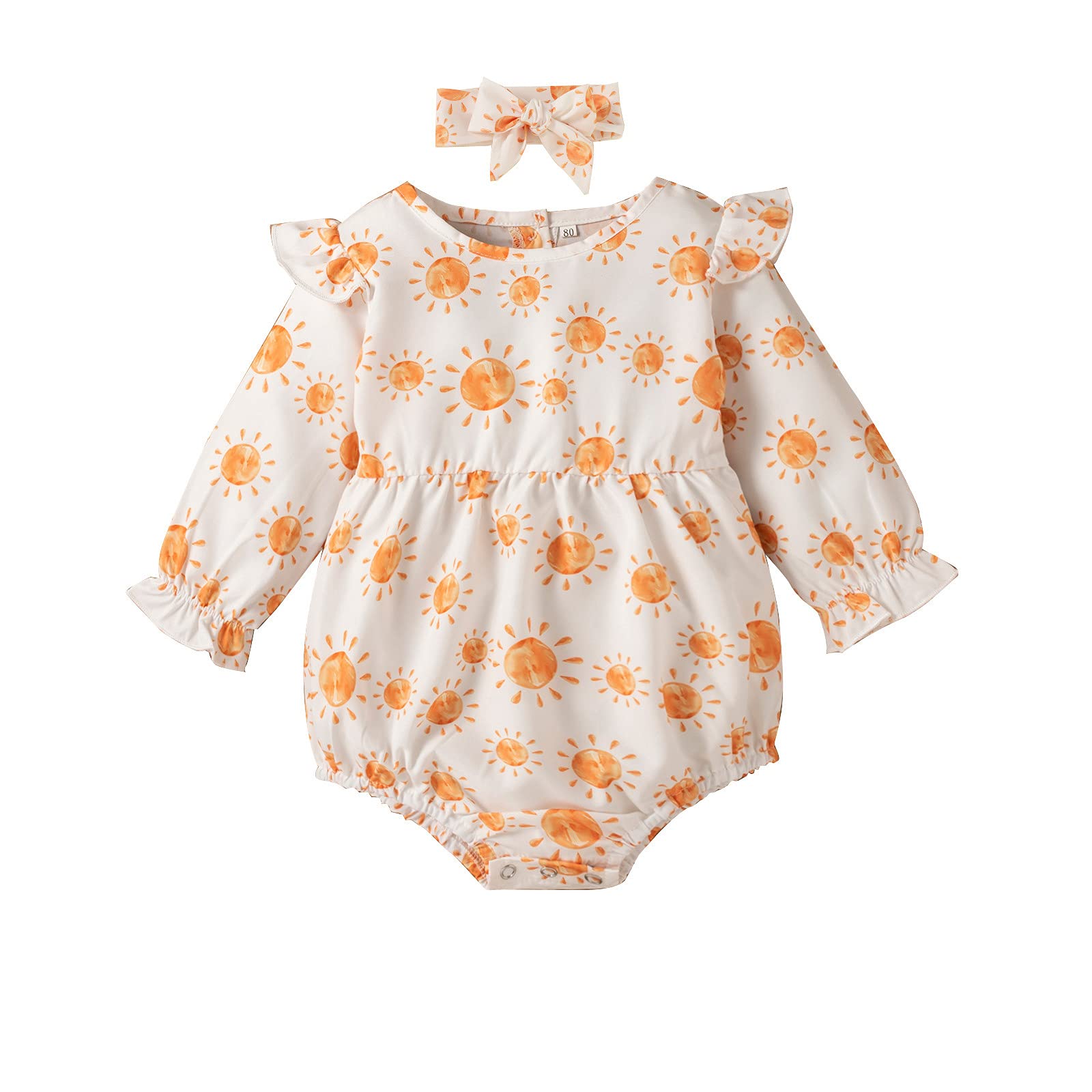 **Adorable Printed Long Sleeve Baby Bodysuit & Headband Set for Toddler Girls – Perfect for Sun Protection, Playdates, and Photo Shoots**