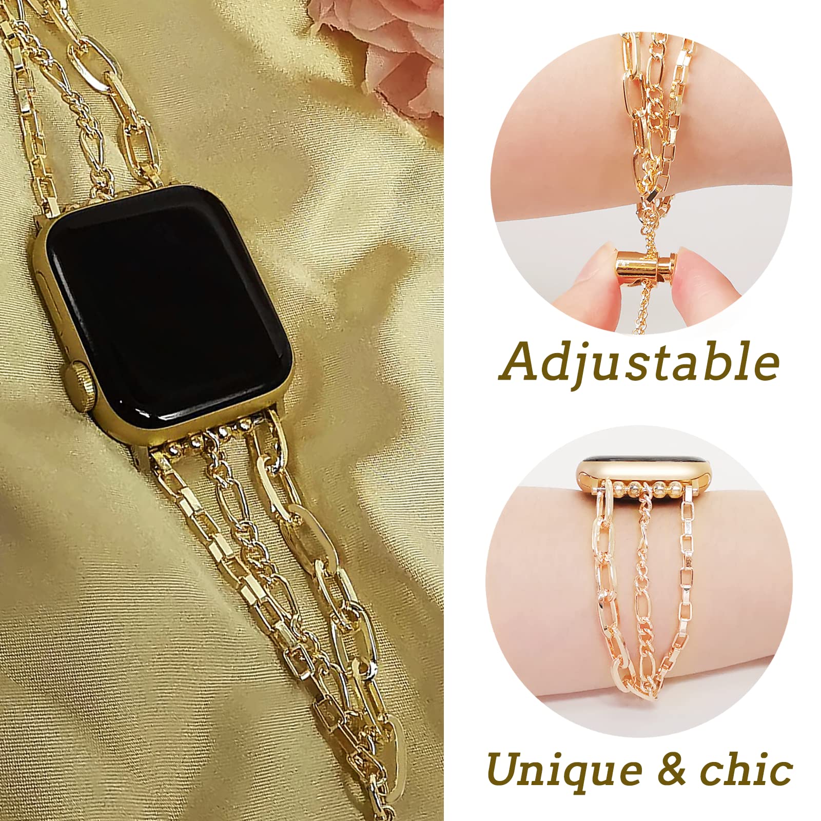 MORWLAT 14K Gold Plated Apple Watch Band for Women - Compatible with Apple Watch Series 9/8/7/SE/6/5/4/3/2/1 (38mm 40mm 41mm) - Elegant Slim Metal Chain Bracelet Replacement Strap - Perfect for Work, Parties & Everyday Fashion Accessory