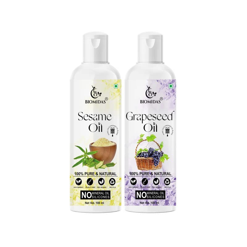 100% Pure Sesame Oil & Grapeseed Oil Combo for Hair Growth - Anti Hair Fall, Split Ends Treatment - Promotes Soft & Shiny Hair - 100ml Each (Pack of 2) - Perfect for Daily Hair Care & Scalp Massage