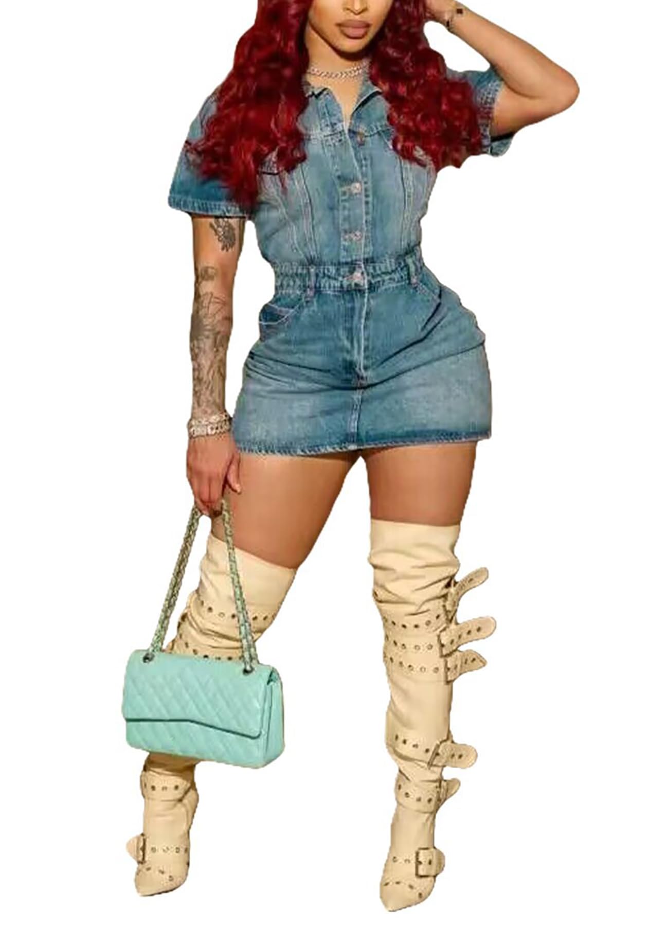 Molisry Women's Distressed Denim Shortalls Romper - Ripped Jean Overalls with Short Sleeve Button Down | Casual Summer Outfit, Beach Wear, Music Festival Fashion