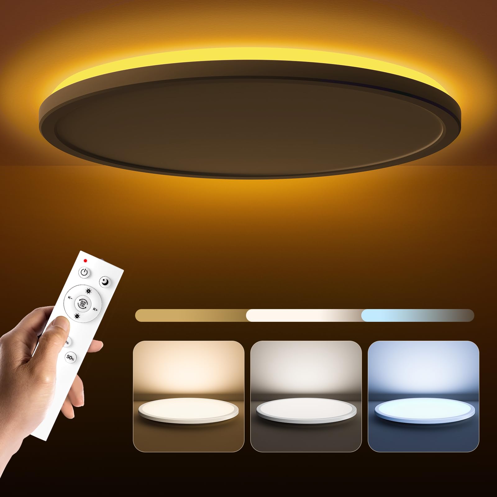 Matane 15.4 Inch LED Flush Mount Ceiling Light Fixture with Remote Control - 2000K Warm White to 6500K Adjustable Color Temperature, Ultra Thin Low Profile Design for Bedroom, Kitchen, Living Room - Perfect for Ambient Lighting, Task Lighting, and Modern Home Decor
