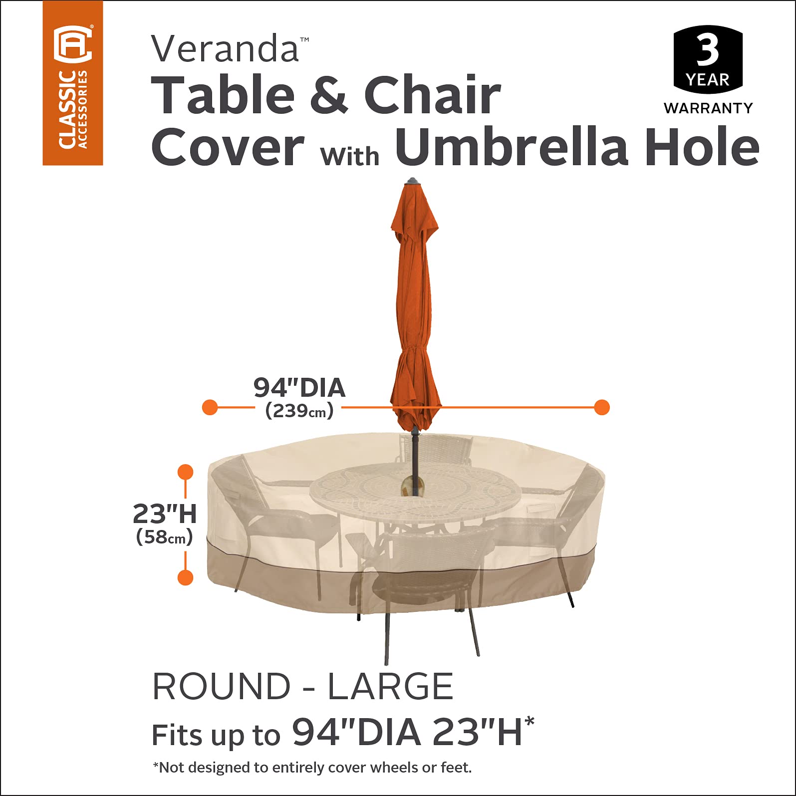 Classic Accessories Veranda 94-Inch Round Water-Resistant Patio Table & Chair Set Cover with Umbrella Hole - Durable Outdoor Furniture Protection for Backyard, Deck, and Garden Use