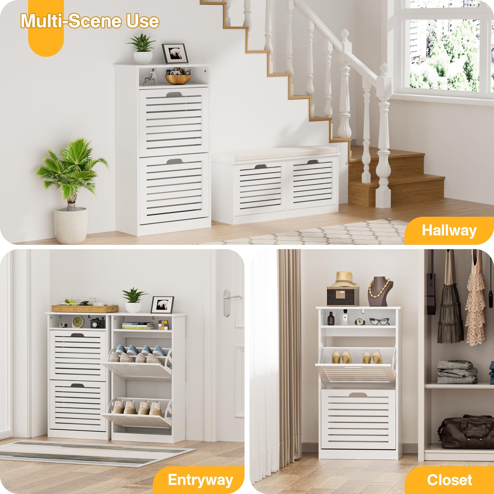 White Shoe Storage Cabinet with 2 Flip Drawers & Top Cubby - Slim Free Standing Shoe Rack Organizer for Entryway, Hallway, Closet - Perfect for Small Spaces & Apartment Living
