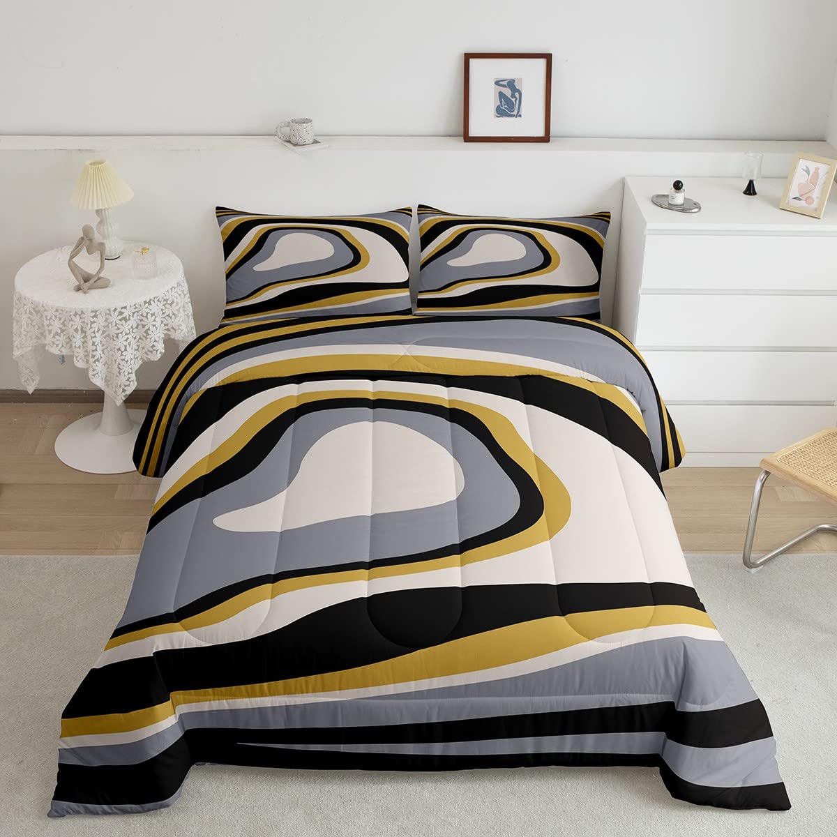 Feelyou Geometric Print Comforter Set - Queen Size Yellow White Grey Black Abstract Duvet Cover for Kids & Teens | Modern Bedding for Boys & Girls Bedroom Decor