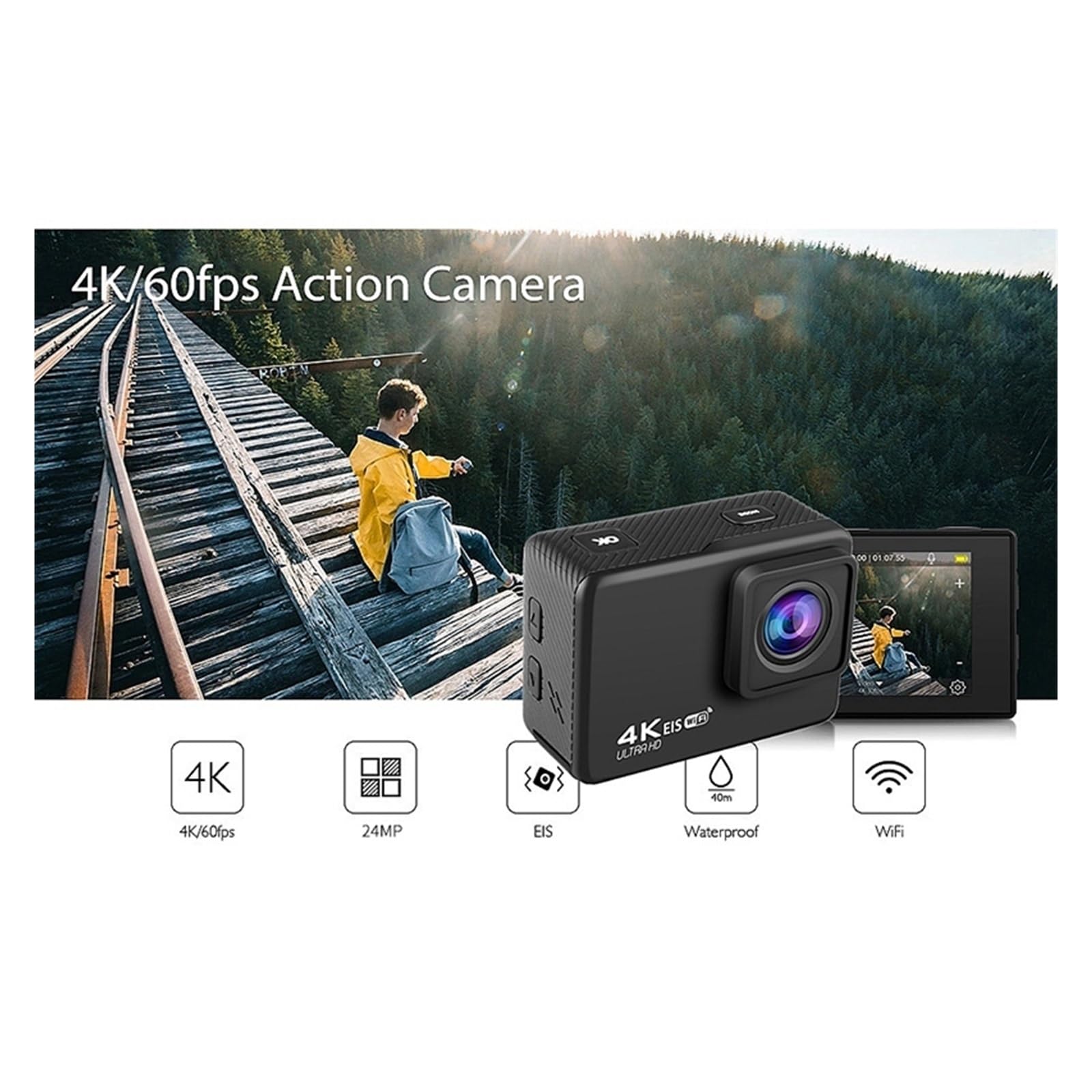 4K WIFI Action Camera with 170° Wide Angle Lens - Waterproof Underwater Camera with Anti-Shake for Helmet Sports & Vlogging - Includes 64GB Card - Perfect for Surfing, Skiing, Cycling & Adventure Travel