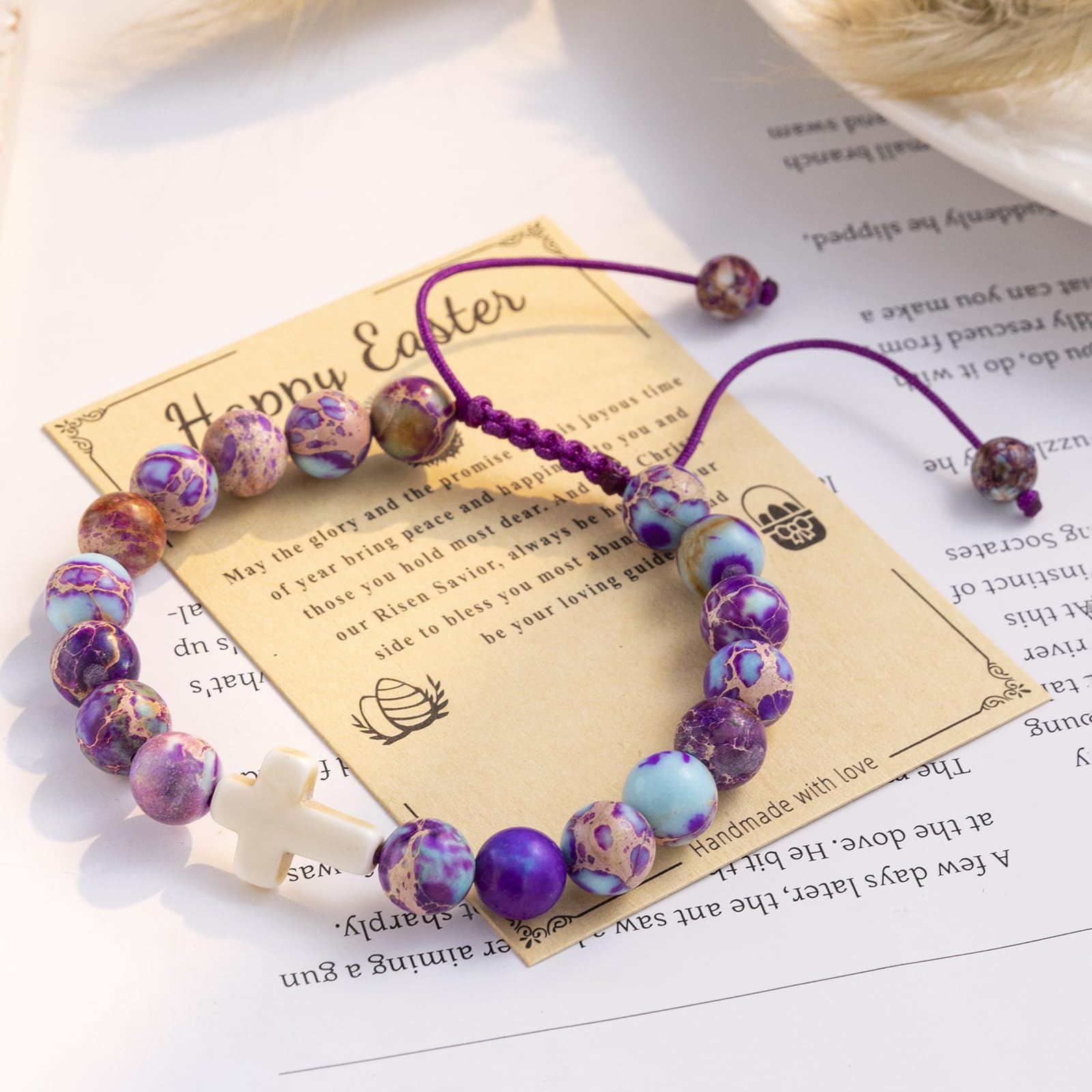 Easter Basket Stuffers for Girls - Cross Charm Beaded Bracelet with Natural Stones, Inspirational Christian Jewelry Gift for Women & Teens - Perfect for Easter Gifts, Baptism, Confirmation & Daily Wear
