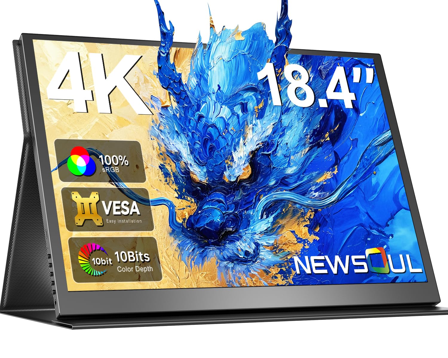 Newsoul 18.4 Inch 4K Portable Monitor - UHD 10-Bit IPS HDR FreeSync Display with VESA Mount & Protective Case | USB-C Travel Second Screen for Laptop, Smartphone, Gaming Console | Perfect for Remote Work, Gaming & Mobile Office Setup