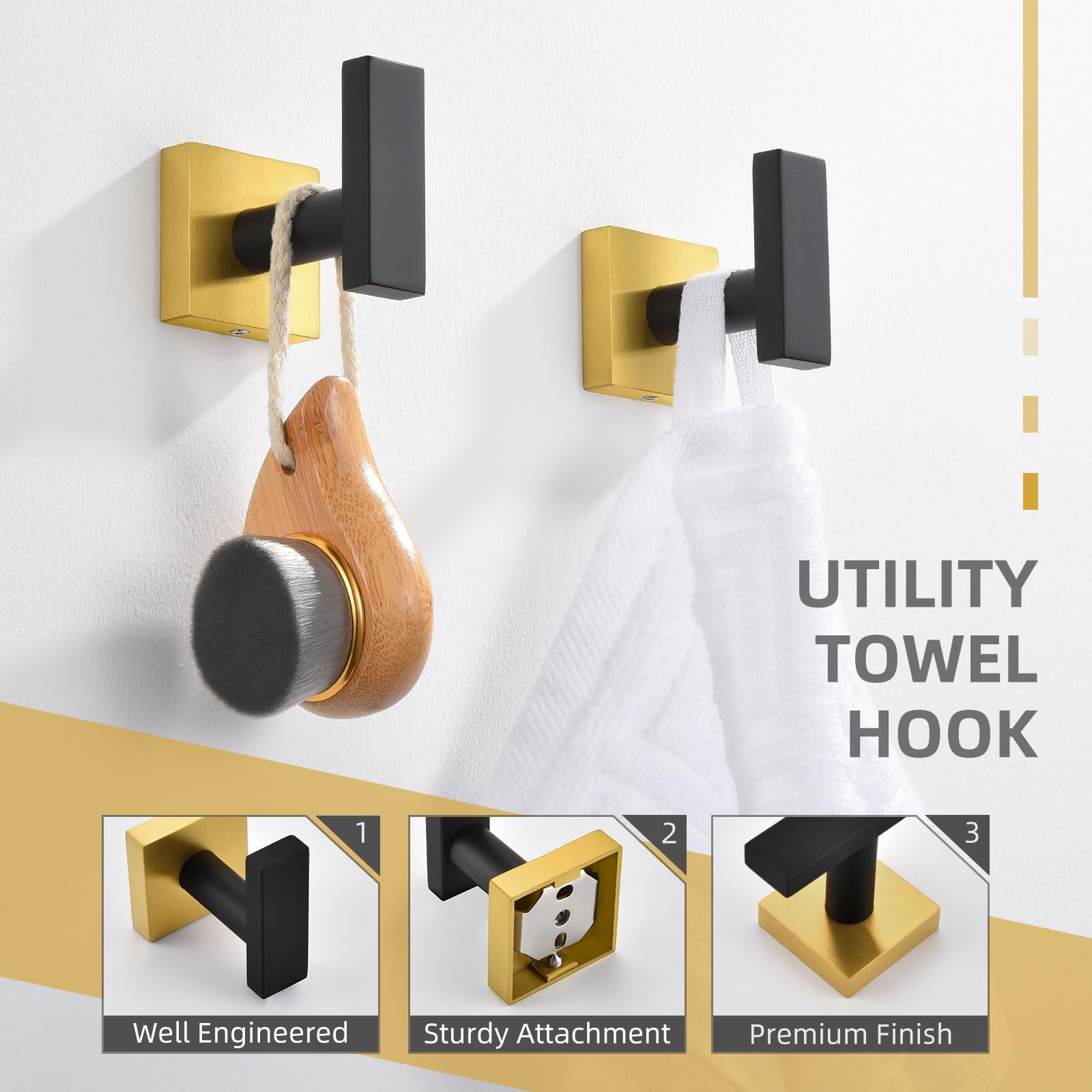 2 Pack Stainless Steel Gold Towel Hooks - Modern Wall Mounted Bathroom & Kitchen Towel Holder for Robes, Coats & Towels - Perfect for Spa, Gym, and Home Decor