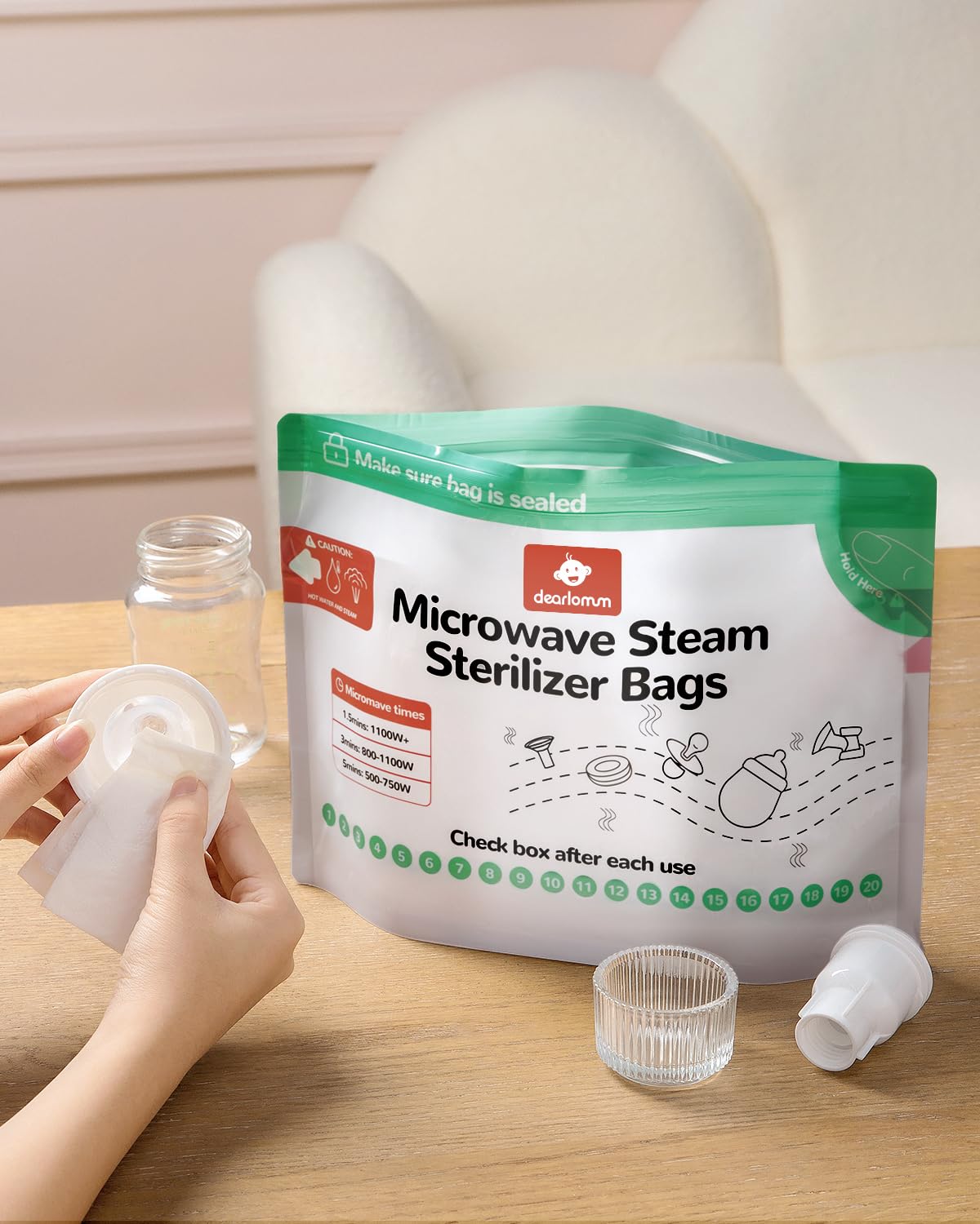 Dearlomum Reusable Microwave Steam Sterilizer Bags - 15 Count (20 Uses Per Bag) for Baby Bottles, Pacifiers & Breast Pump Accessories | Travel-Friendly Sterilization Pouches | Perfect for Daycare, Travel & Home Use