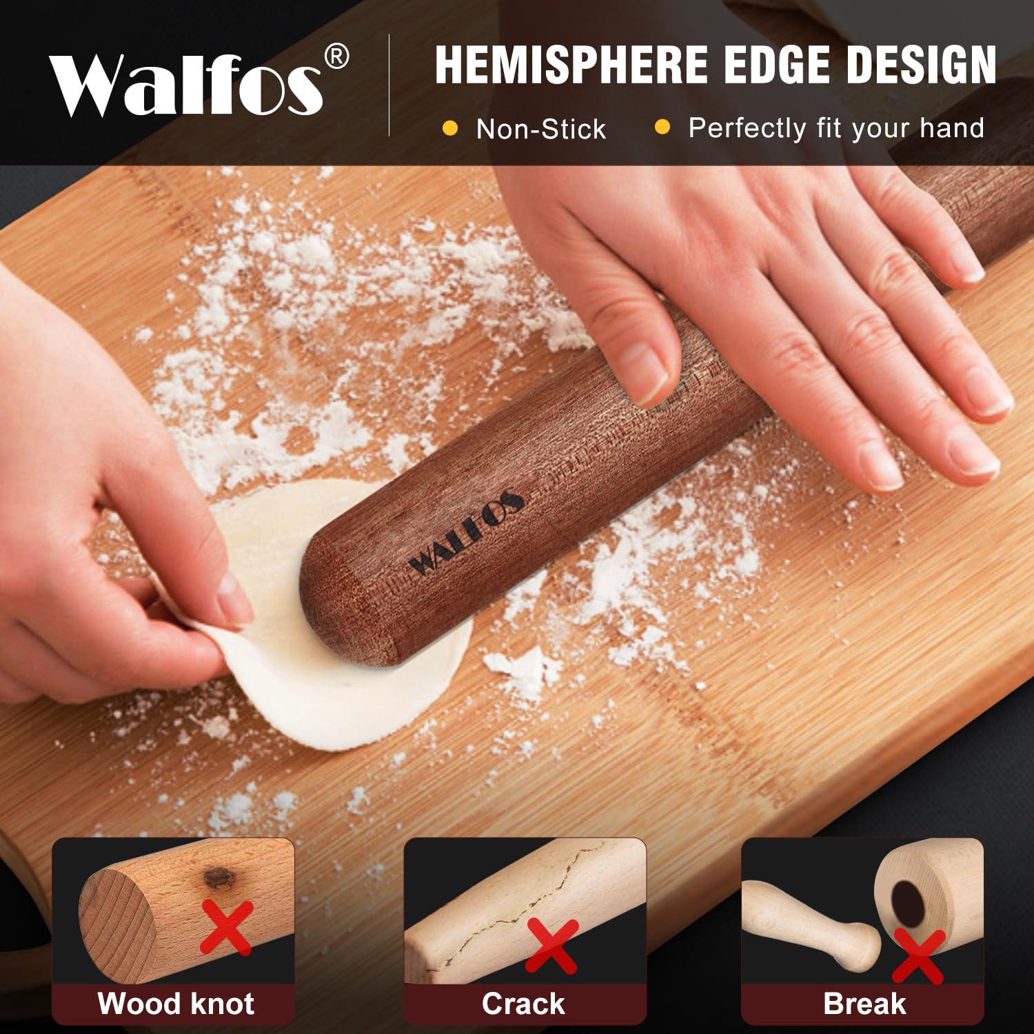 Walfos French Rolling Pin Set - Natural Wooden Baking Dough Roller (8