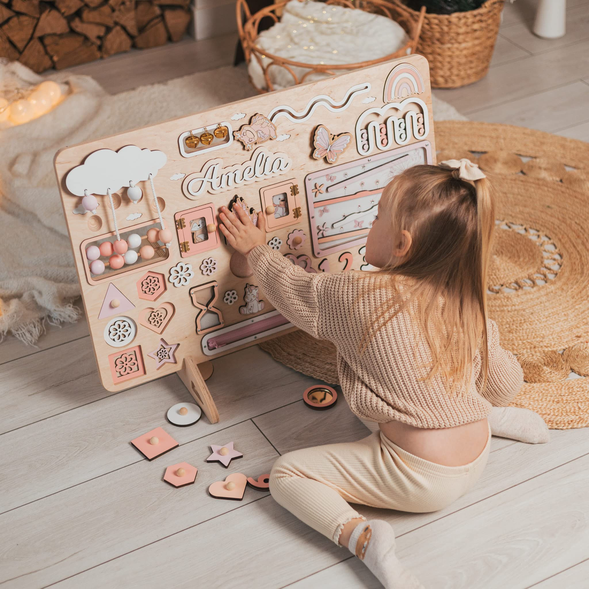 Custom Personalized Busy Board for Toddlers - Montessori Wooden Sensory Toy for 2 Year Old Girls & Boys - Best Birthday & Easter Gift for Kids - Perfect for Early Learning & Travel Entertainment