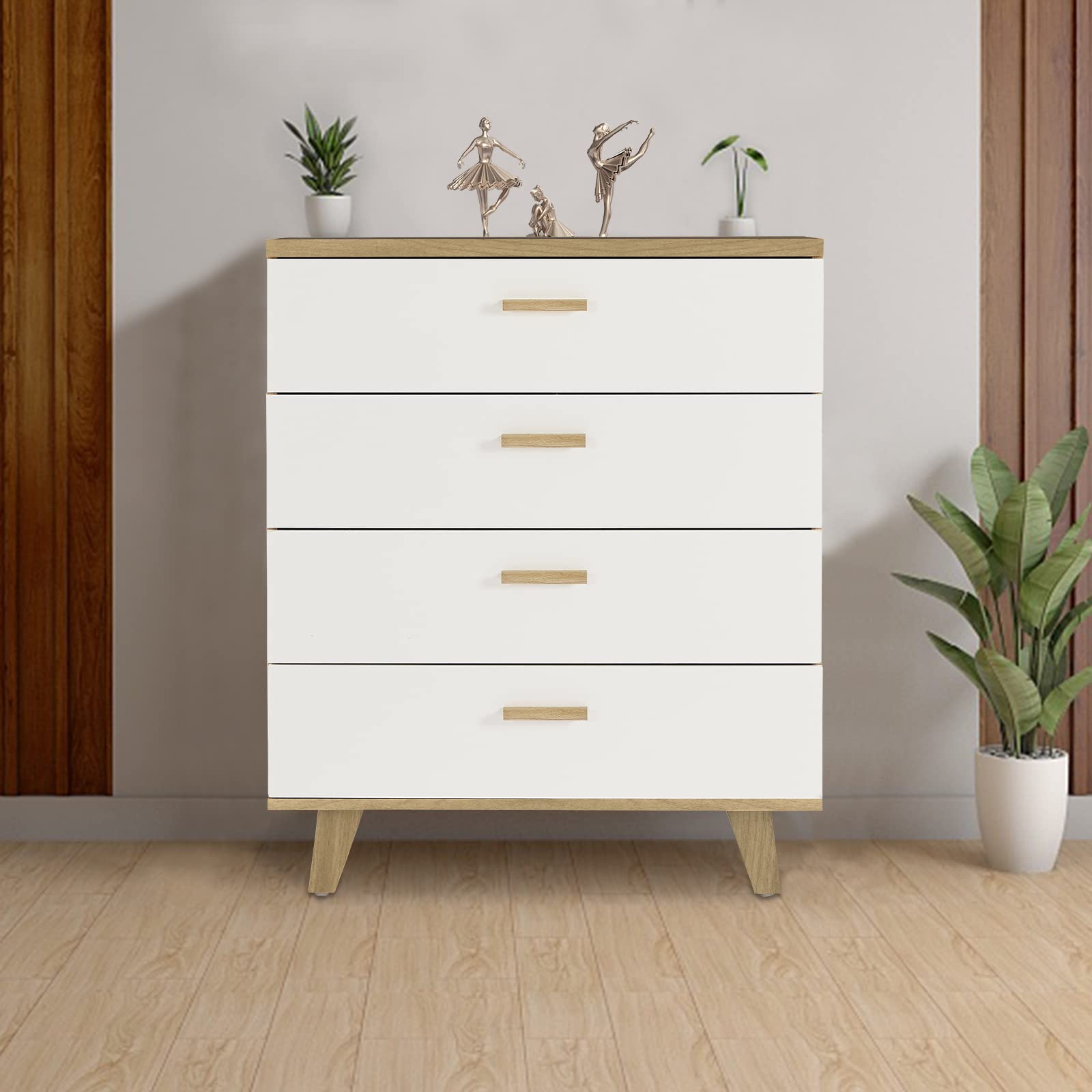 4 Drawer Dresser with Wood Grain Tabletop & White Drawers - Solid Wood Handles & Legs - Tall Nightstand Storage Cabinet for Bedroom & Living Room - Perfect for Small Space Organization & Home Decor (White)
