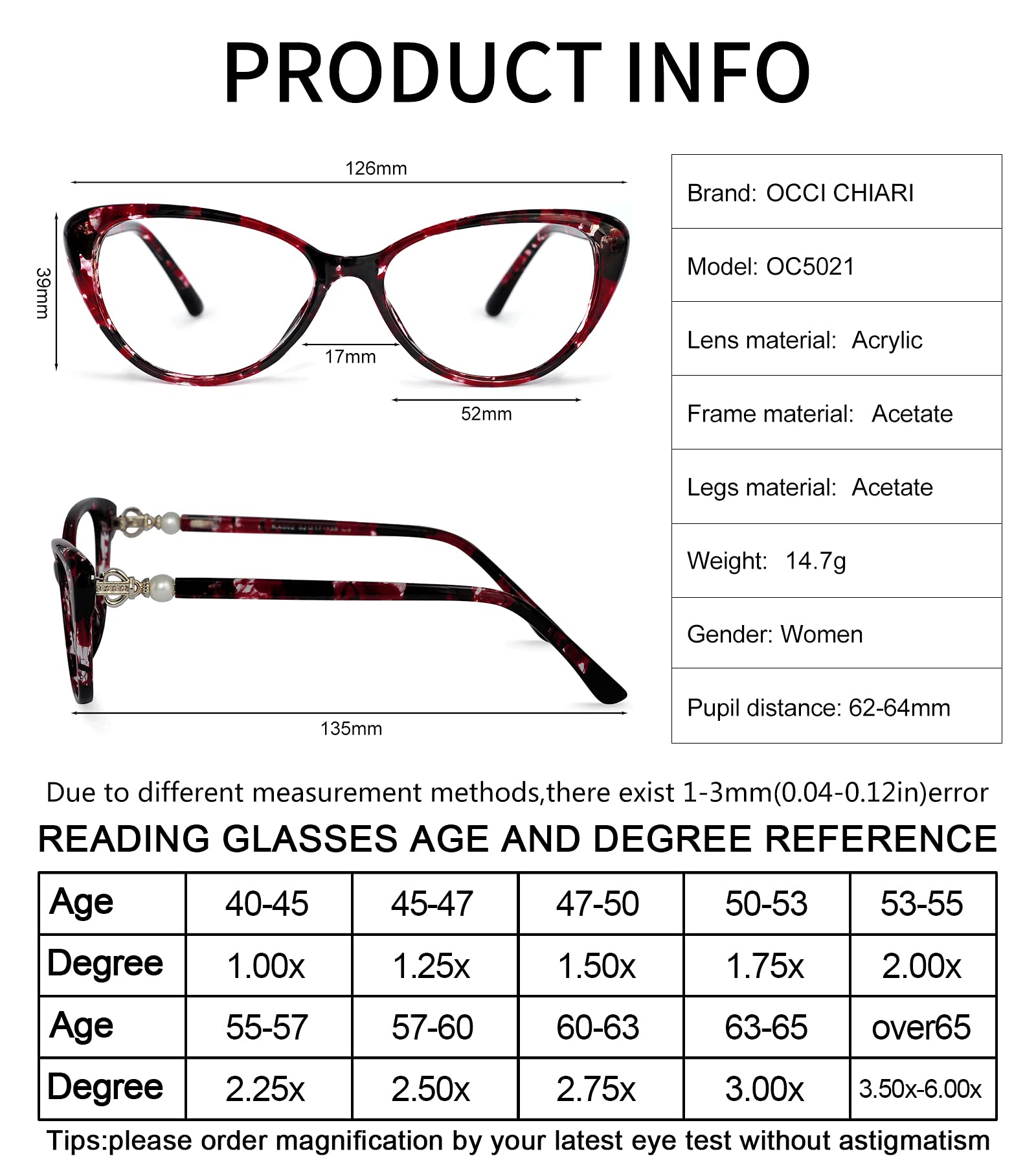 OCCI CHIARI Blue Light Blocking Reading Glasses for Women - Large Frame with UV400 Protection (1.0 to 4.0 Magnification) - Perfect for Computer Work, Reading & Screen Time