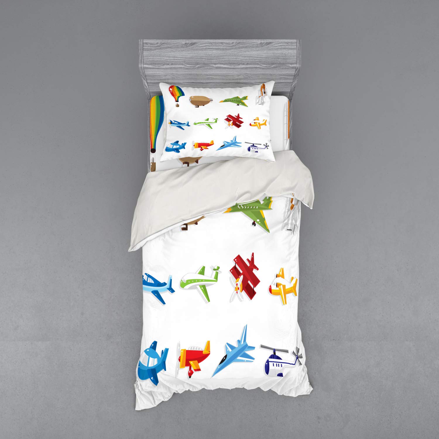 Ambesonne Cartoon Airplane Bedding Set - 3 Piece Duvet Cover with Sham & Fitted Sheet, Twin Size, Multicolor Aircraft Theme (Airliner, Zeppelin, Hot Air Balloon) - Perfect for Kids Room, Nursery Decor & Aviation Enthusiasts