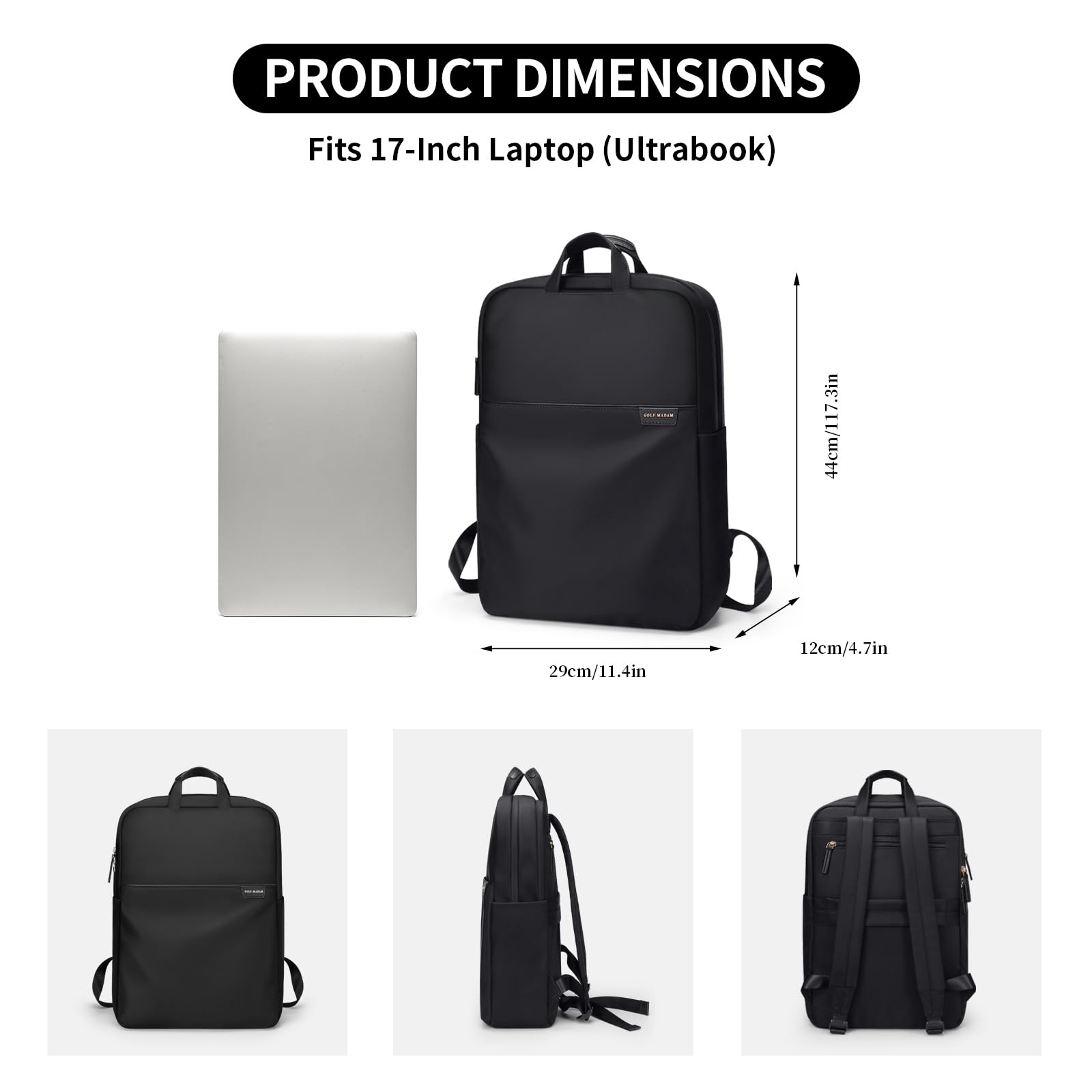 GOLF SUPAGS Anti-Theft Slim Travel Laptop Backpack for Women - Durable 17-Inch Business Computer Bag & College Bookbag - Perfect for Work, School & Commuting (Black)