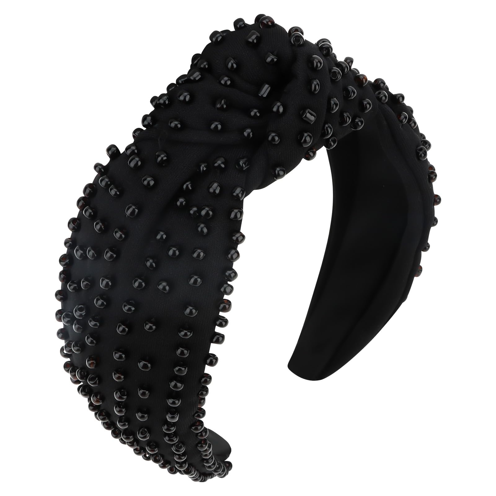 YISSION 1PC Pearl Knotted Headband for Women - Non Slip Beaded Hair Accessory, Wide Jeweled Embellished Headband for Women & Girls (Black) - Perfect for Weddings, Parties, and Everyday Elegant Style