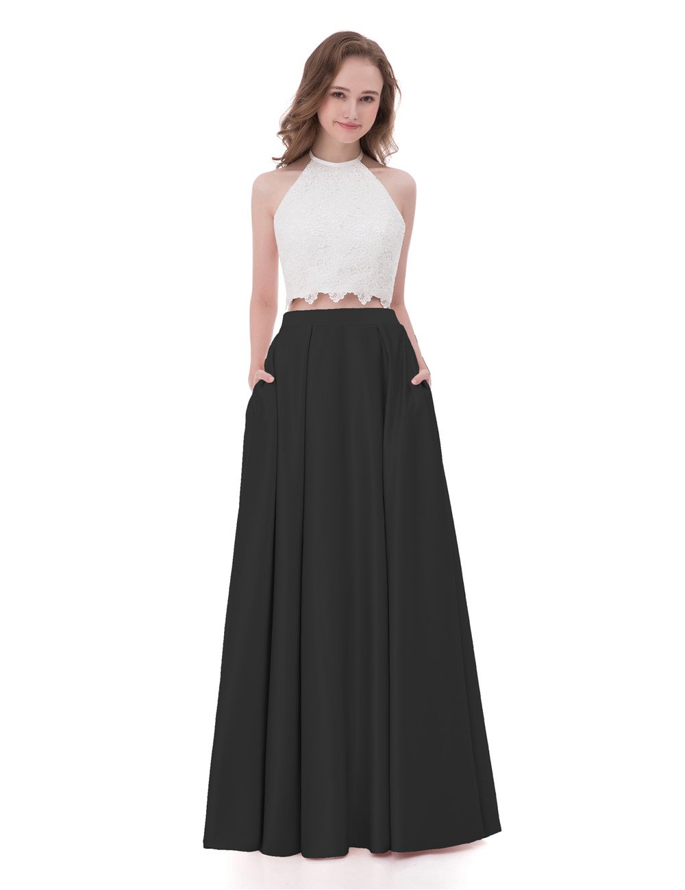 Elegant Women's Lace & Satin Halter Two-Piece Prom Dress with Pockets - Perfect for Formal Dances, Evening Parties & Special Occasions