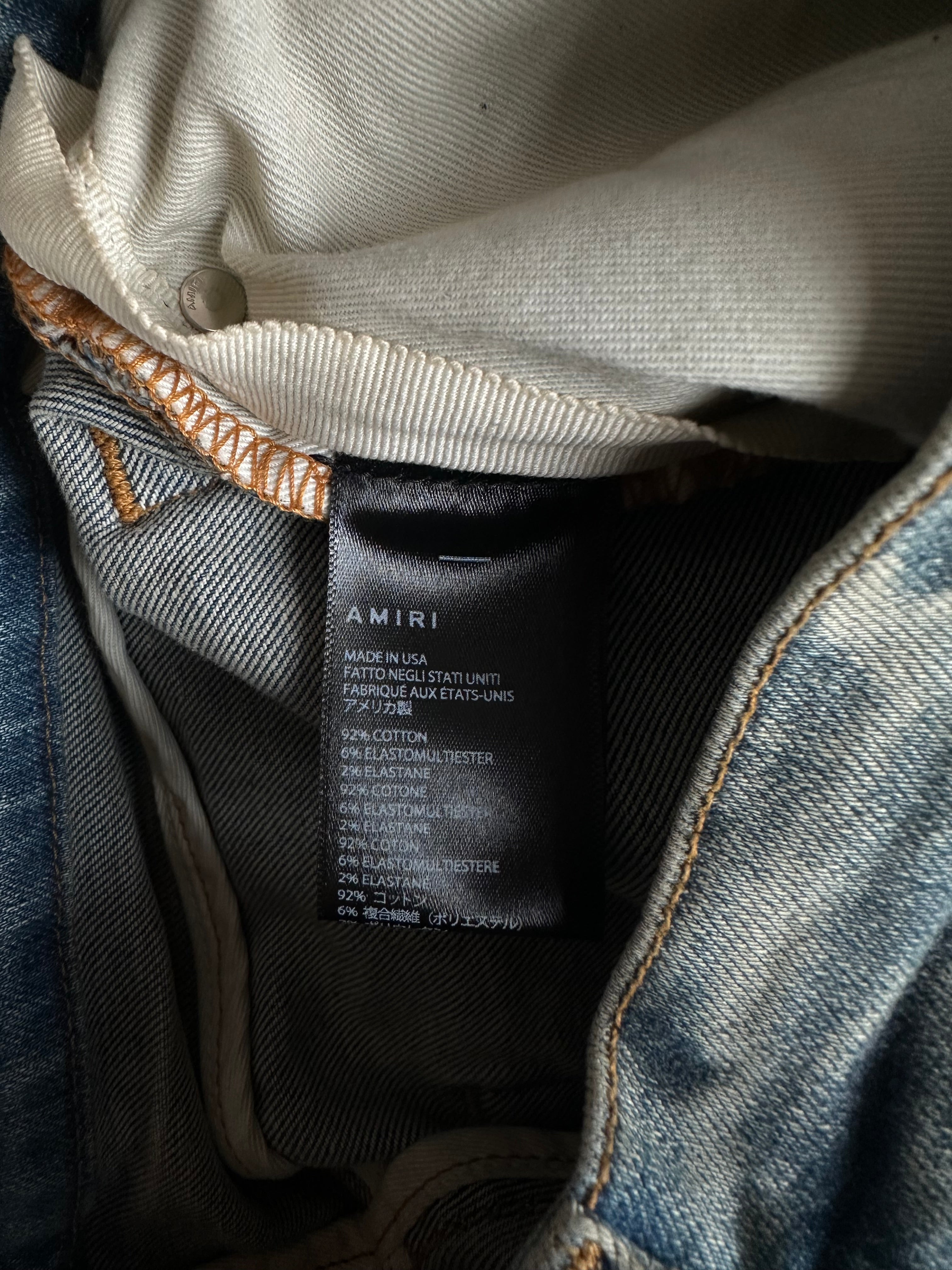 Amiri Blue Pajama Patch Thrasher Jeans for Men - Distressed Denim Pants with Unique Design | Perfect for Streetwear, Casual Outfits & Night Out