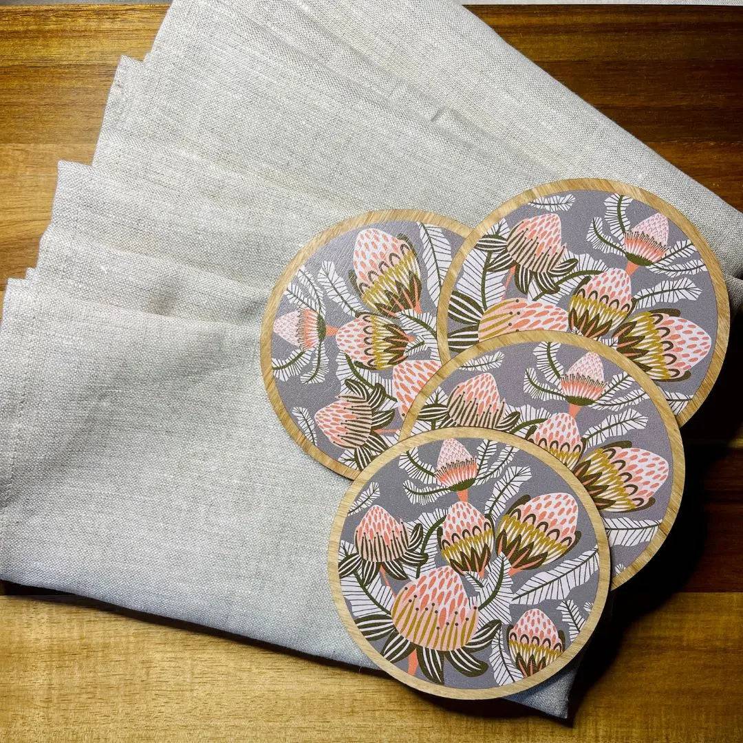 Bush Proteas Coaster and Napkin Set - 4-Piece Elegant Table Setting for Dining Room, Kitchen, or Outdoor Entertaining