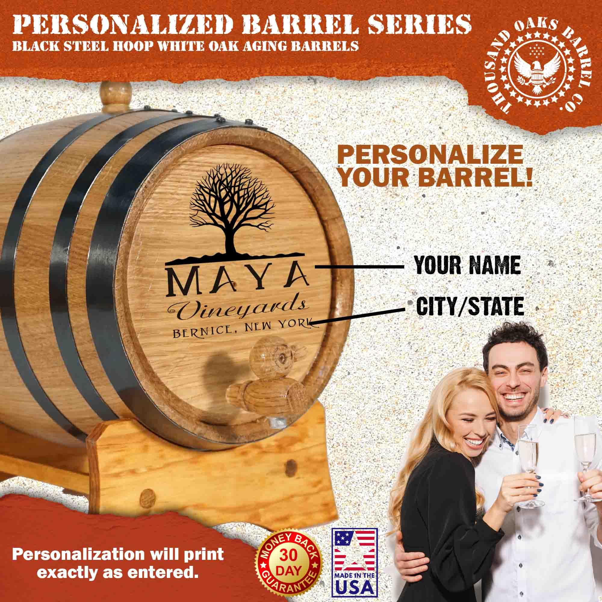 Personalized 10 Liter Oak Wine Barrel (2.5 Gallon) with Stand, Bung & Spigot - Age Whiskey, Bourbon, Cocktails & Beer - Laser Engraved Vineyard Design (B331) - Perfect for Home Bars, Gifts & Craft Beverage Aging