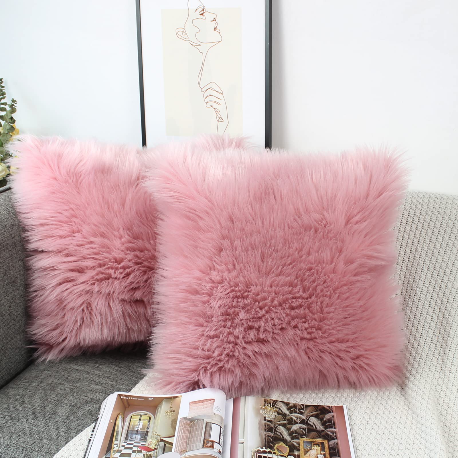 OYIMUA 20x20 Fluffy Faux Fur Decorative Throw Pillow Covers - Soft Plush Blush Pink Luxury Cushion Covers for Sofa, Couch, Living Room & Bedroom (Set of 2) | Farmhouse Style Home Decor & Cozy Accent Pillows