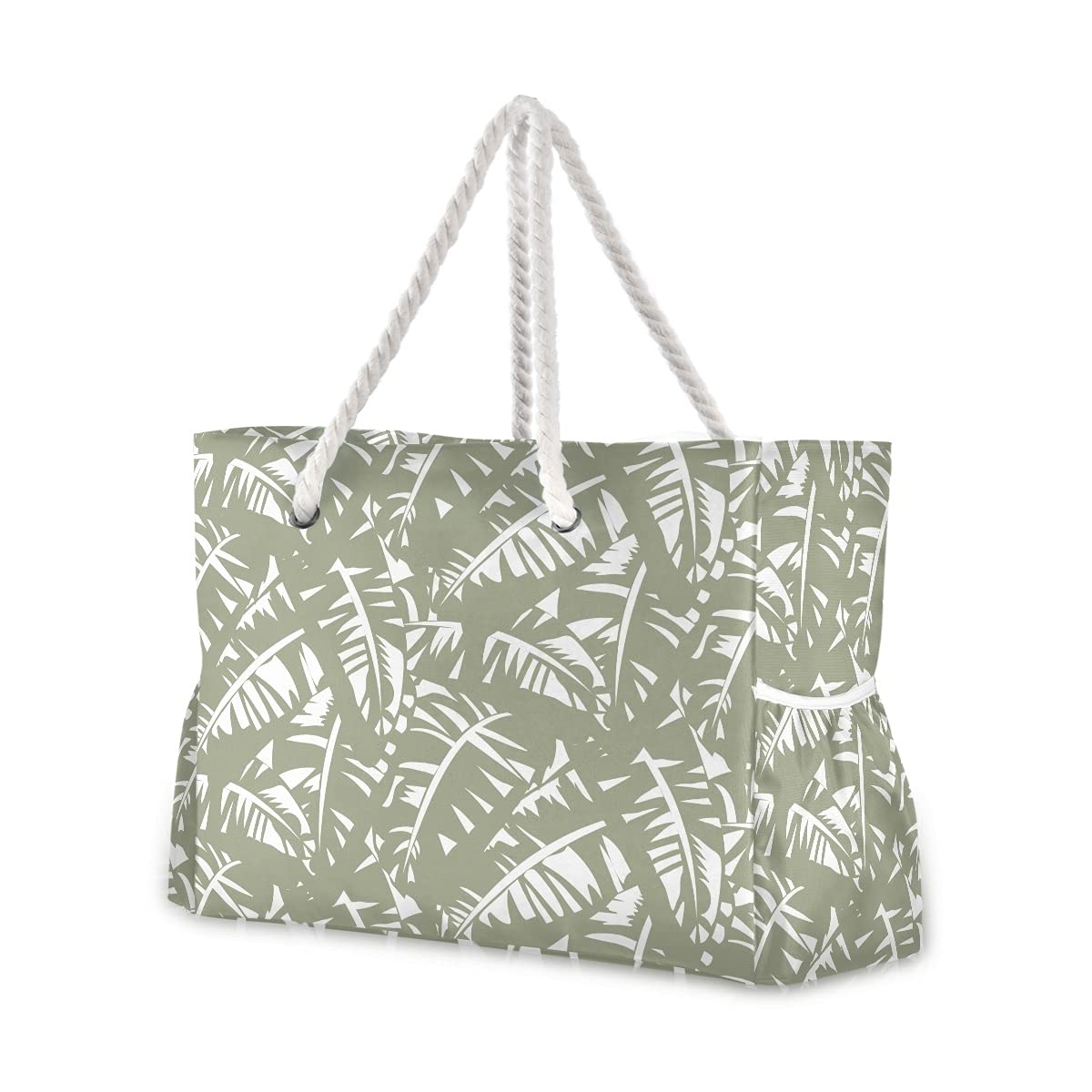 SUABO Large Beach Tote Bag for Women - Cotton Rope Handles Travel Tote with Tropical Leaf Pattern - Perfect for Beach Vacations, Pool Parties & Summer Getaways