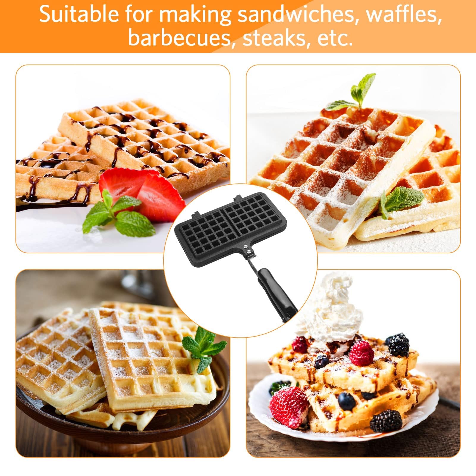 Cast Iron Stovetop Waffle Maker - Dual Head Non-Stick Belgian Waffle Iron for Pancakes, Panini & Sandwiches - Perfect for Breakfast, Camping & RV Cooking (13.19 x 8.46 Inches)