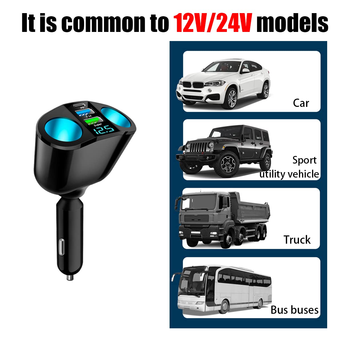 2-in-1 Car Cigarette Lighter Splitter with LED Voltmeter | Dual USB QC3.0 & Type-C 20W PD Fast Charger | 12V/24V Car Power Adapter for Smartphones, GPS & Dash Cams | Perfect for Road Trips & Long Drives