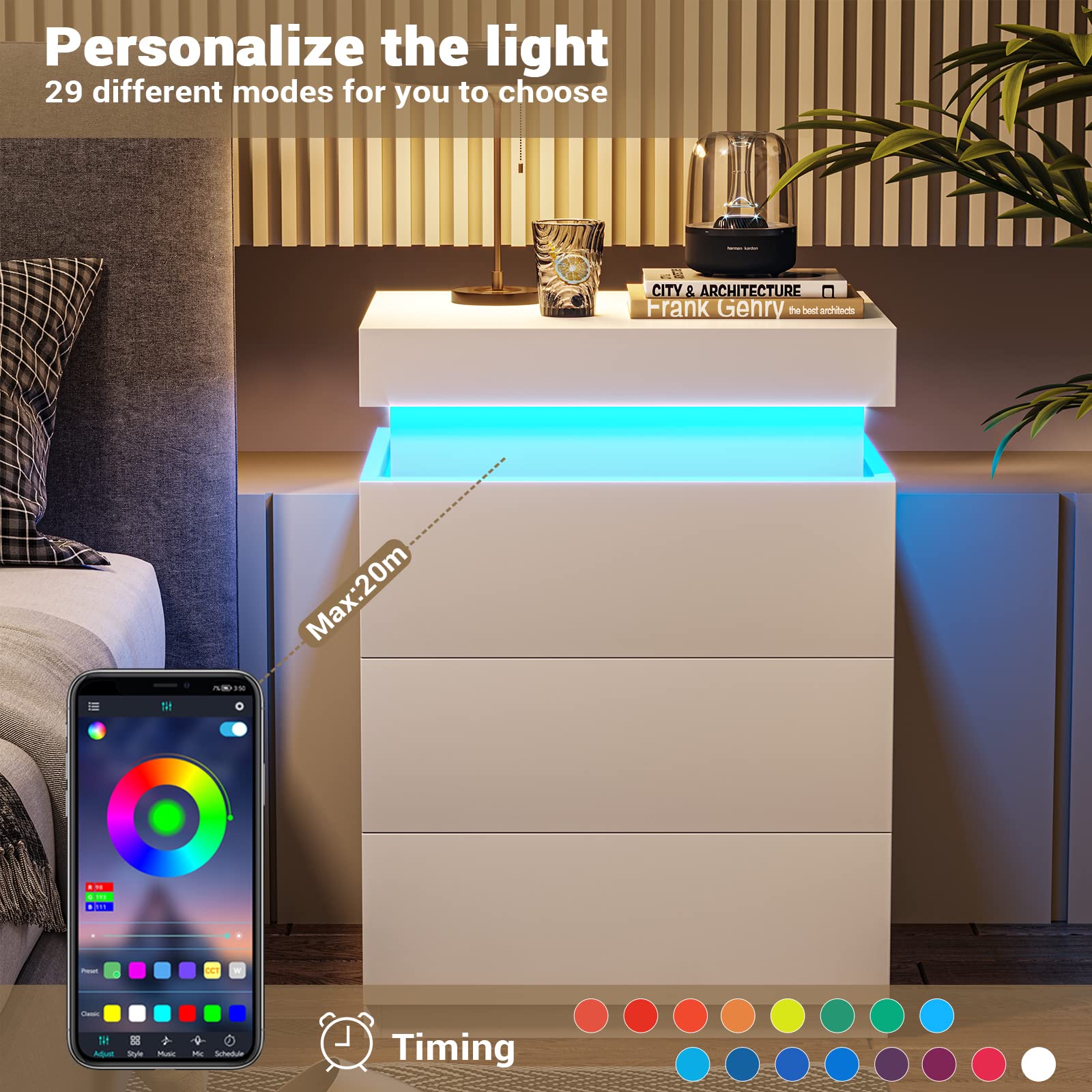ADORNEVE Modern White Nightstand with USB Charging Station, LED Lights & Sliding Top - Bedside Table with Drawers for Bedroom - Perfect for Small Spaces, Apartment Living & Contemporary Home Decor